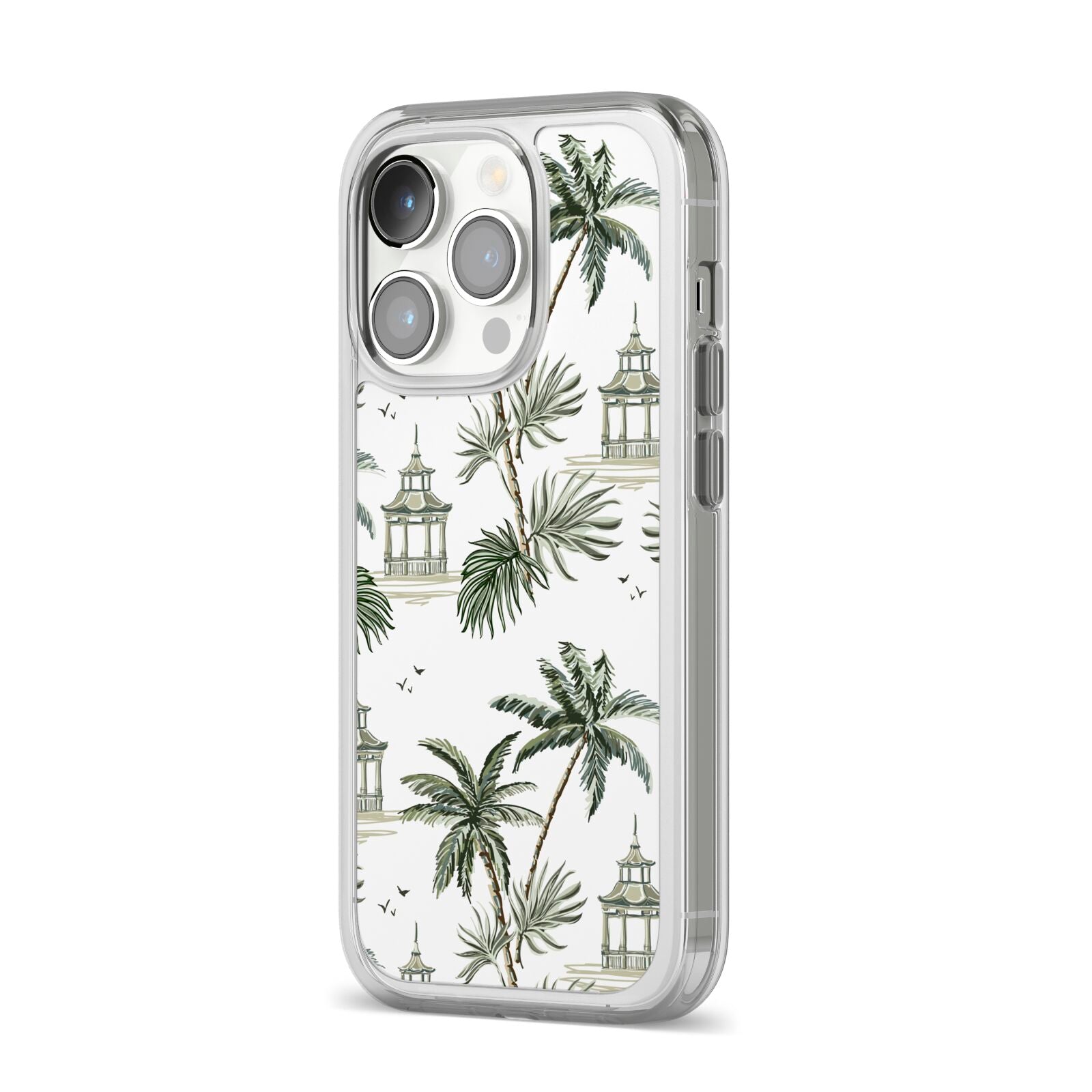 Palm Tree Pattern iPhone 14 Pro Clear Tough Case Silver Angled Image