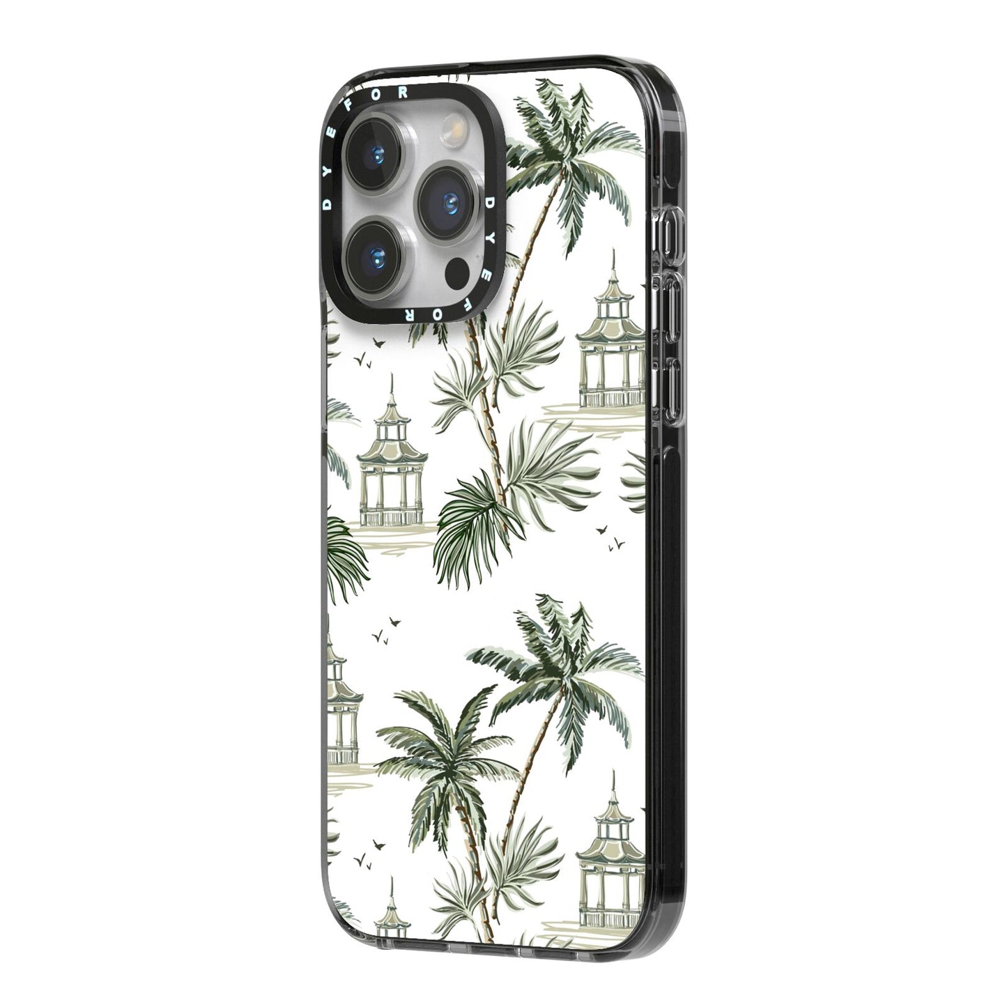 Palm Tree Pattern iPhone 14 Pro Max Black Impact Case Side Angle on Silver phone