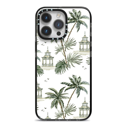 Palm Tree Pattern iPhone 14 Pro Max Black Impact Case on Silver phone