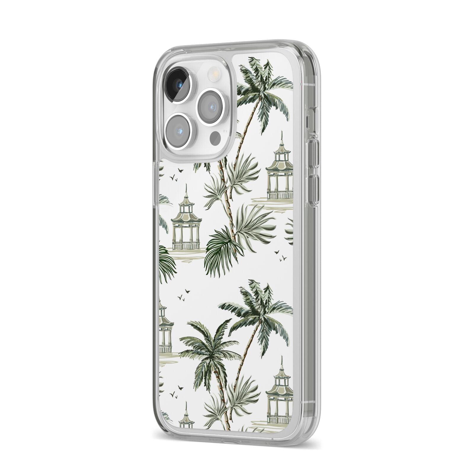 Palm Tree Pattern iPhone 14 Pro Max Clear Tough Case Silver Angled Image