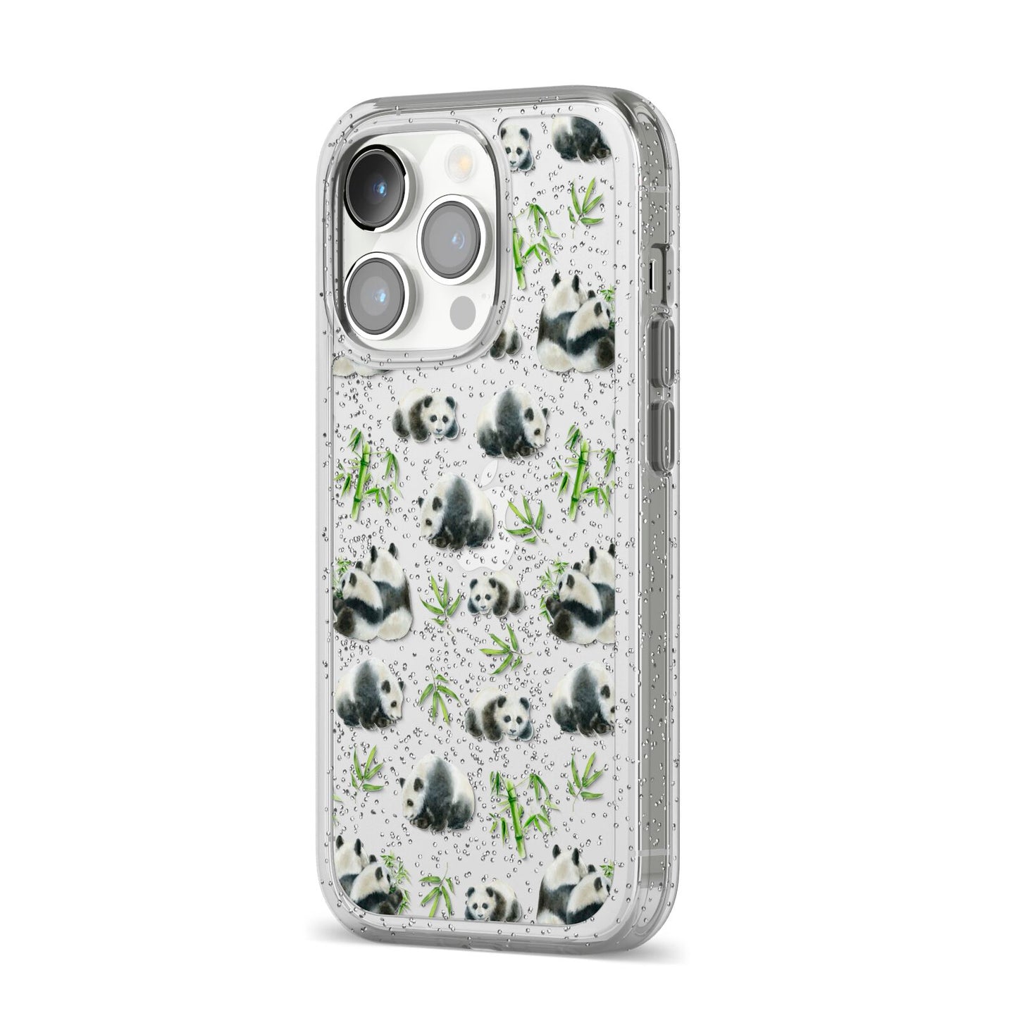 Panda iPhone 14 Pro Glitter Tough Case Silver Angled Image