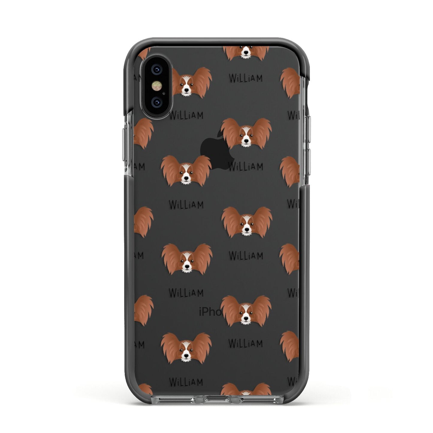 Papillon Icon with Name Apple iPhone Xs Impact Case Black Edge on Black Phone