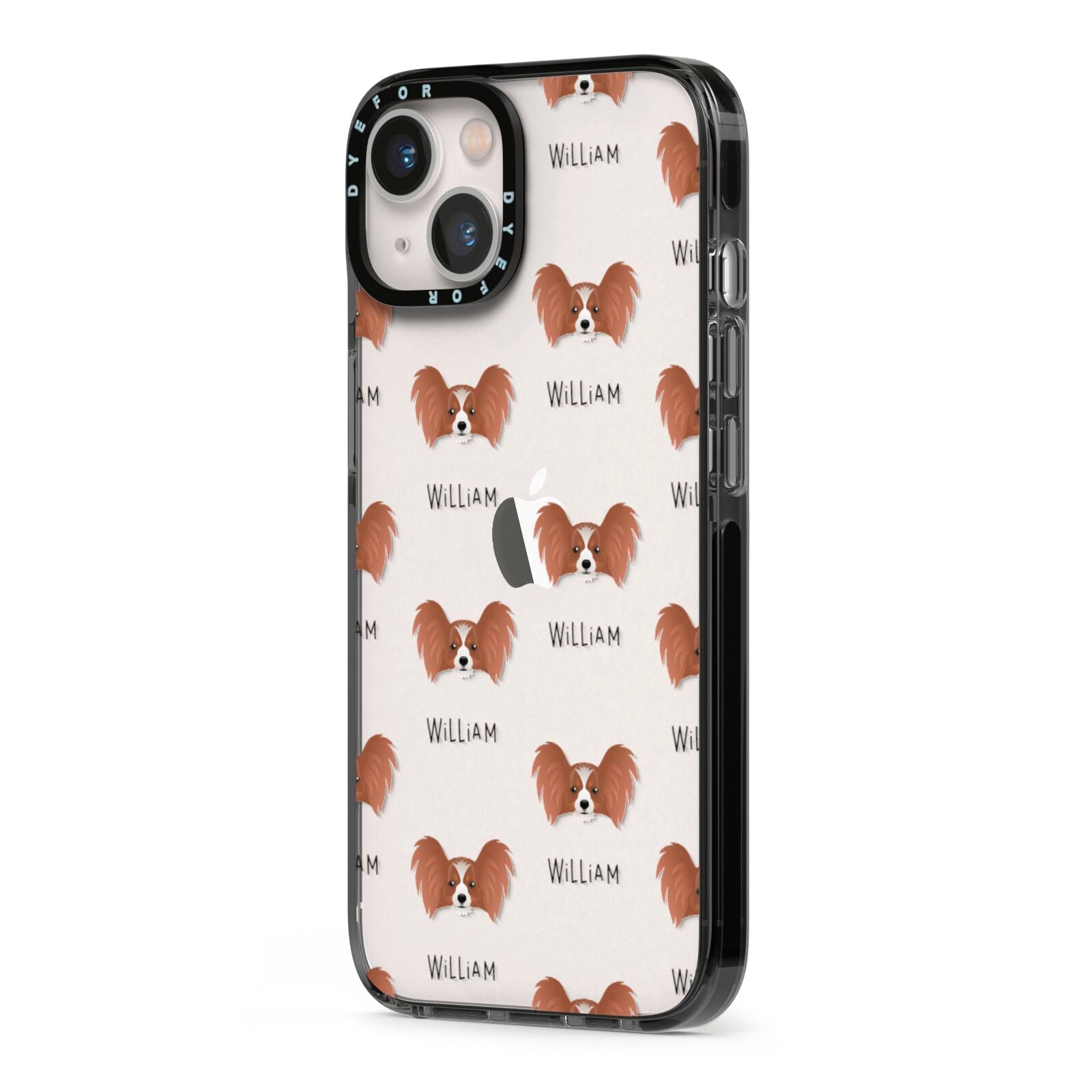 Papillon Icon with Name iPhone 13 Black Impact Case Side Angle on Silver phone