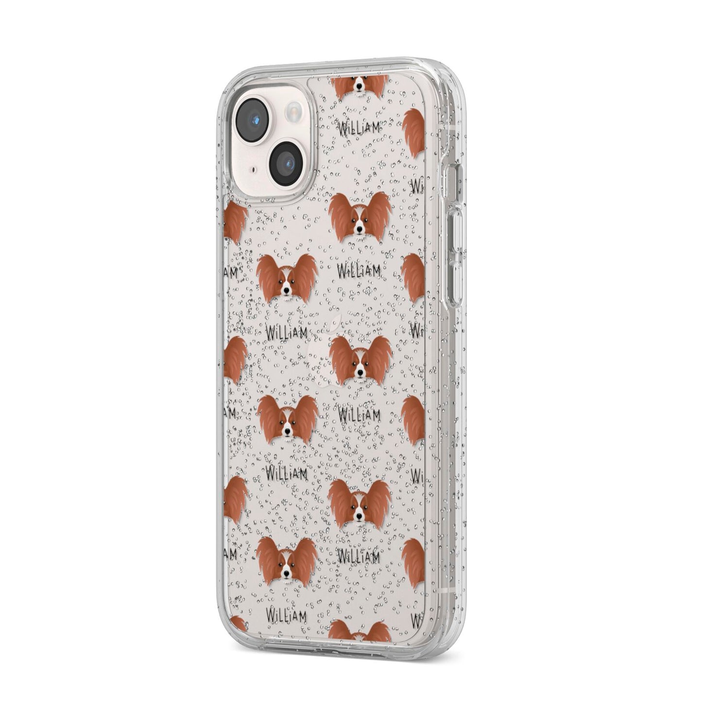 Papillon Icon with Name iPhone 14 Plus Glitter Tough Case Starlight Angled Image