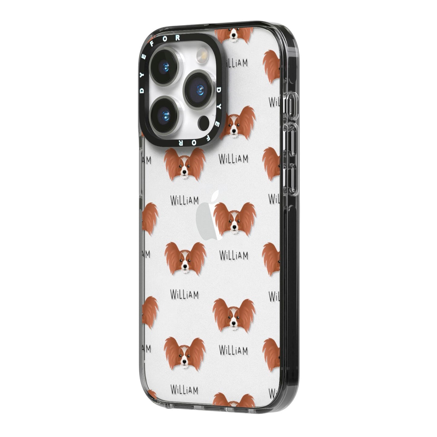 Papillon Icon with Name iPhone 14 Pro Black Impact Case Side Angle on Silver phone