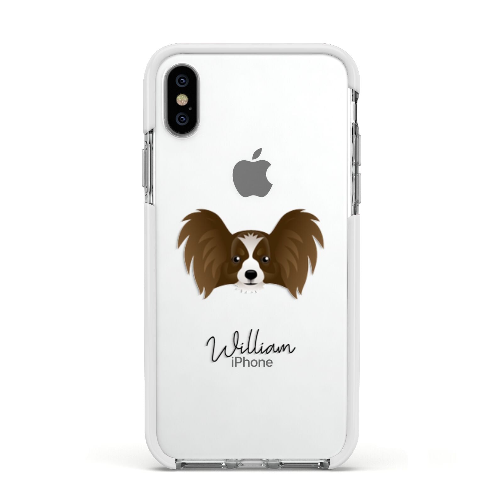 Papillon Personalised Apple iPhone Xs Impact Case White Edge on Silver Phone
