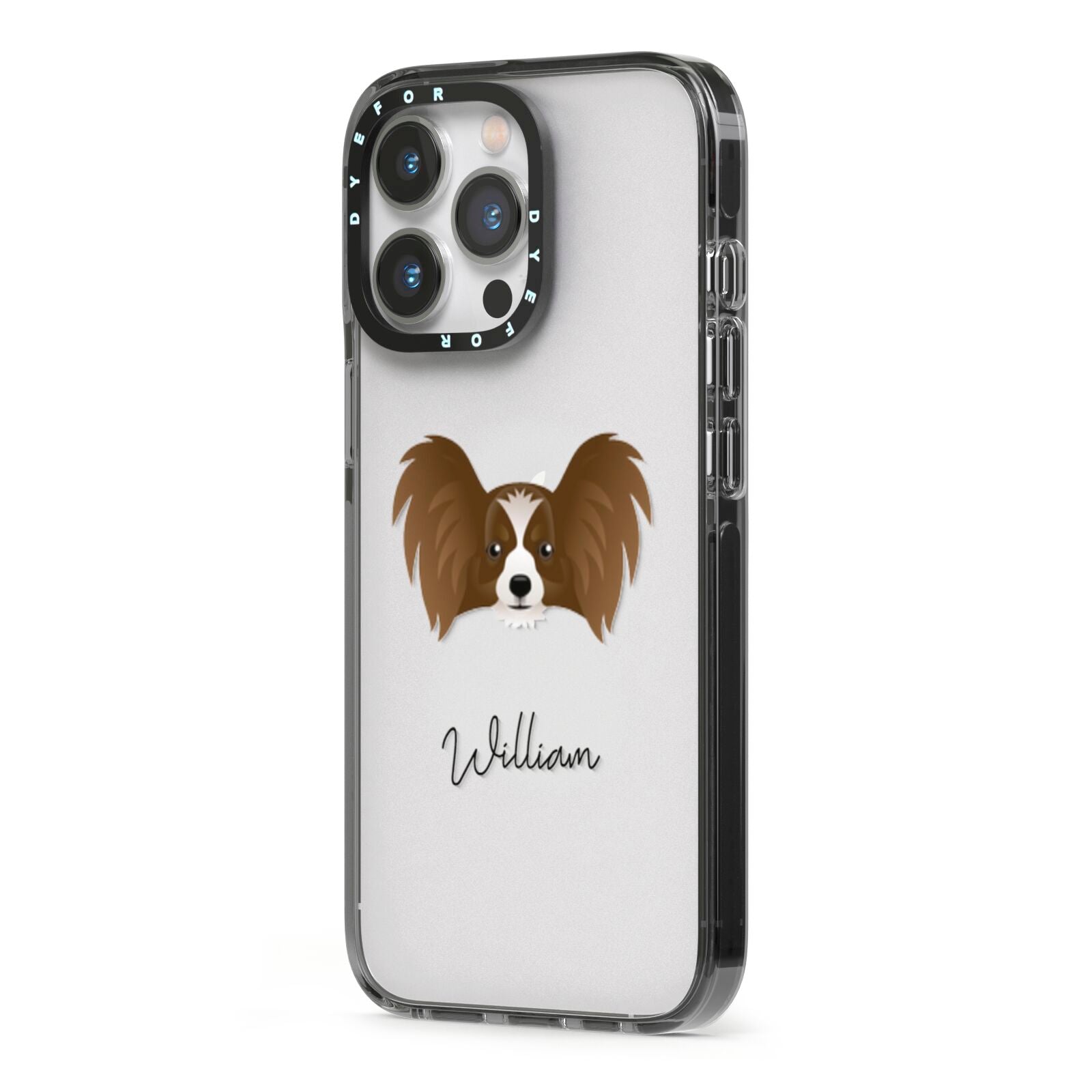Papillon Personalised iPhone 13 Pro Black Impact Case Side Angle on Silver phone
