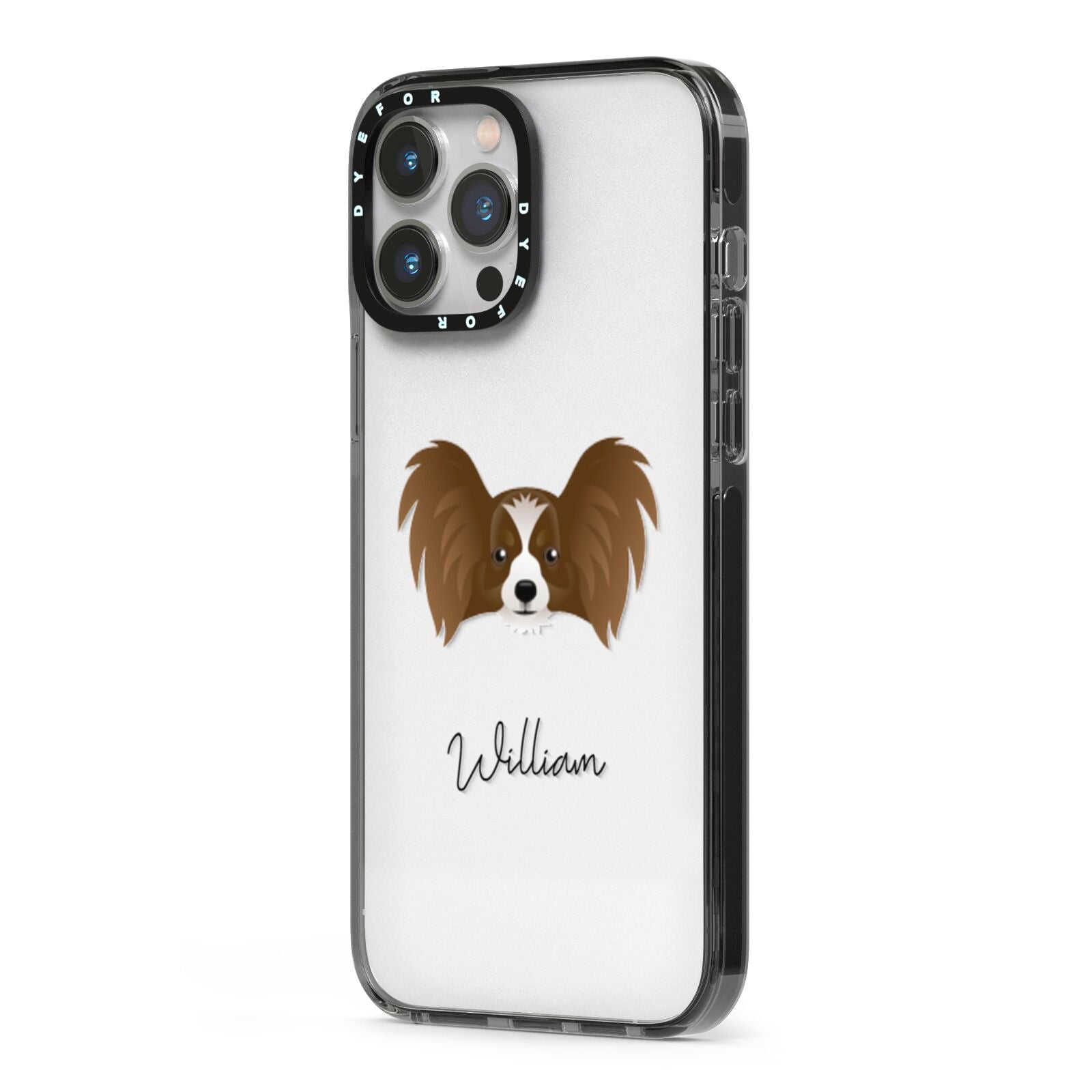 Papillon Personalised iPhone 13 Pro Max Black Impact Case Side Angle on Silver phone