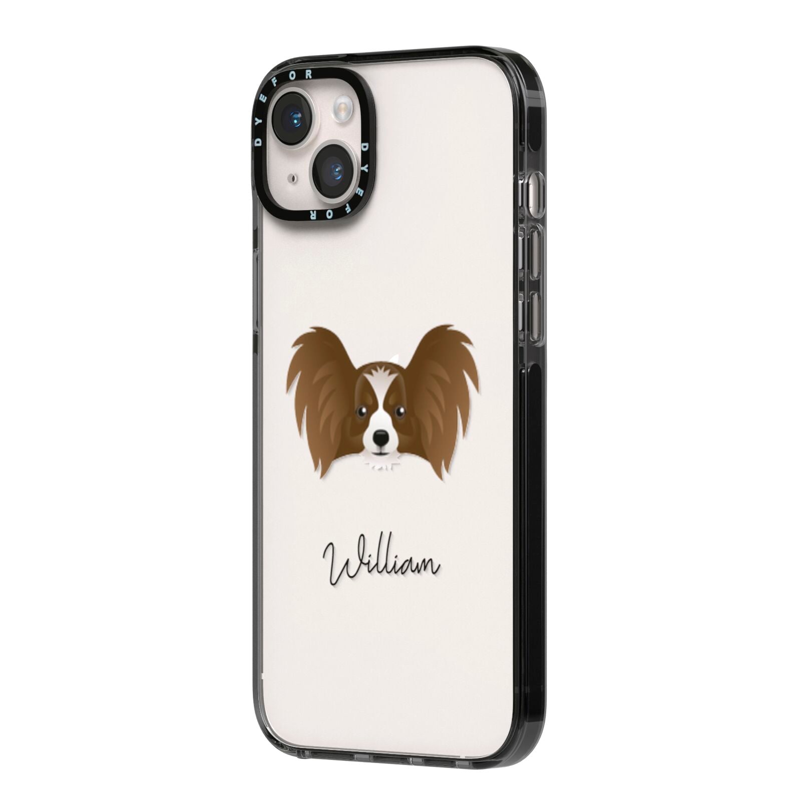Papillon Personalised iPhone 14 Plus Black Impact Case Side Angle on Silver phone