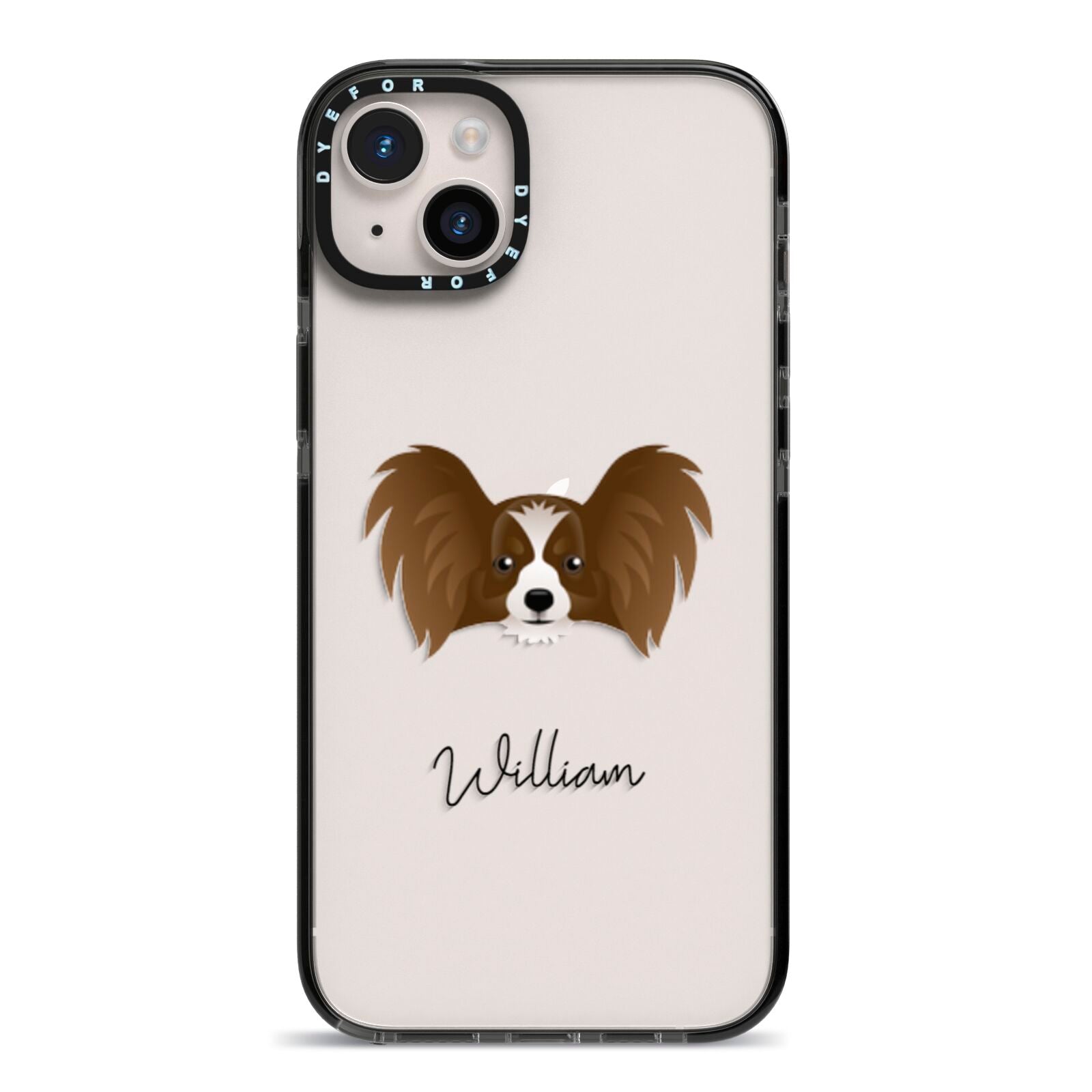 Papillon Personalised iPhone 14 Plus Black Impact Case on Silver phone