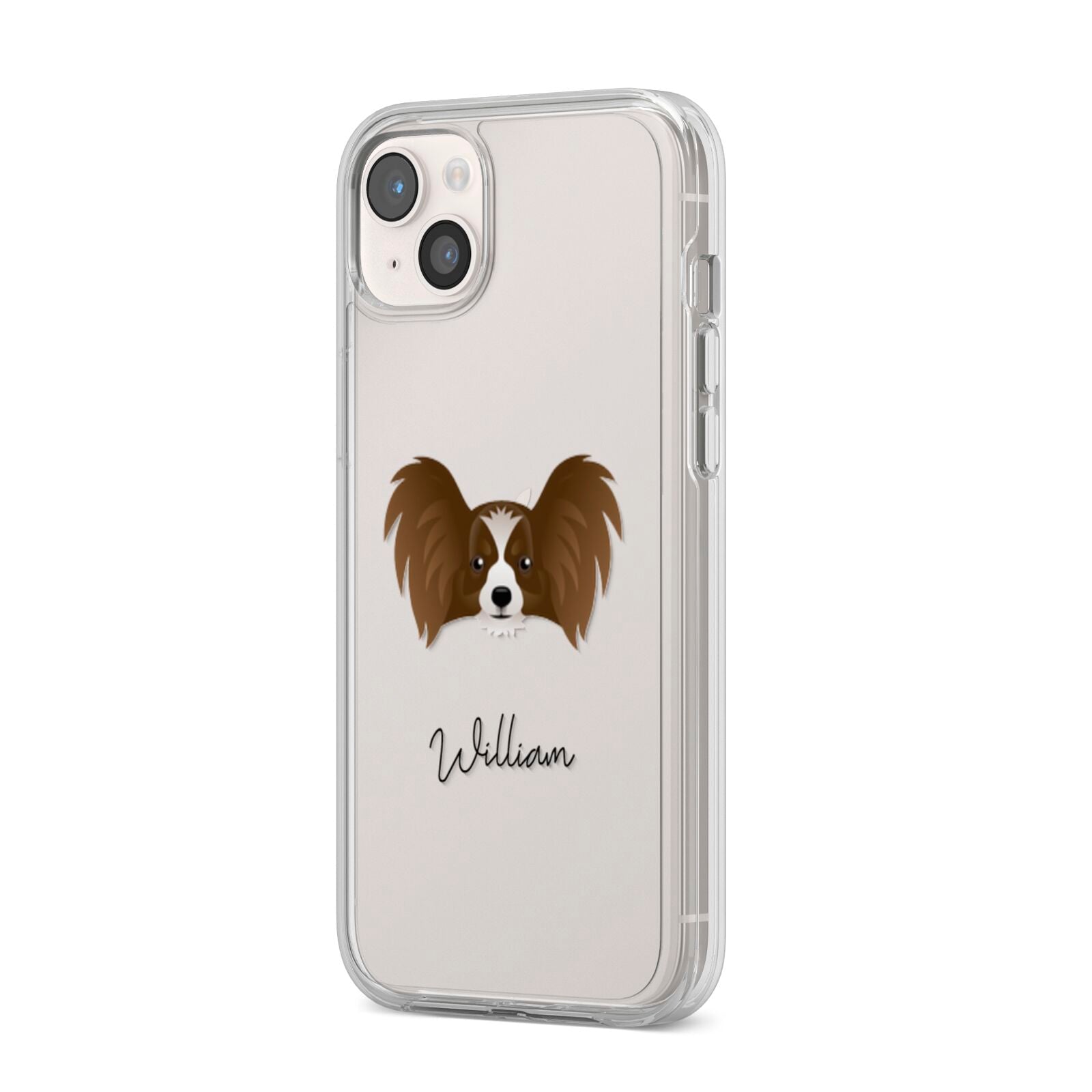 Papillon Personalised iPhone 14 Plus Clear Tough Case Starlight Angled Image