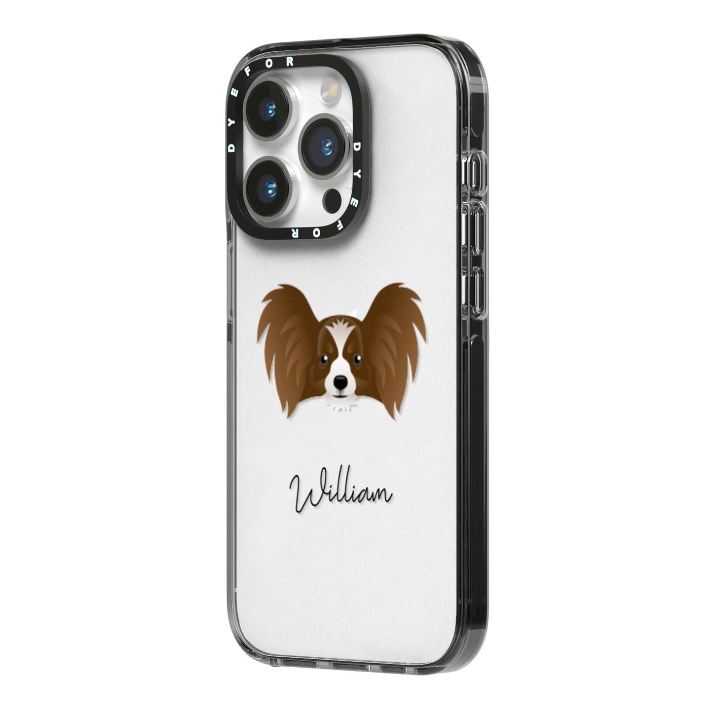 Papillon Personalised iPhone 14 Pro Black Impact Case Side Angle on Silver phone