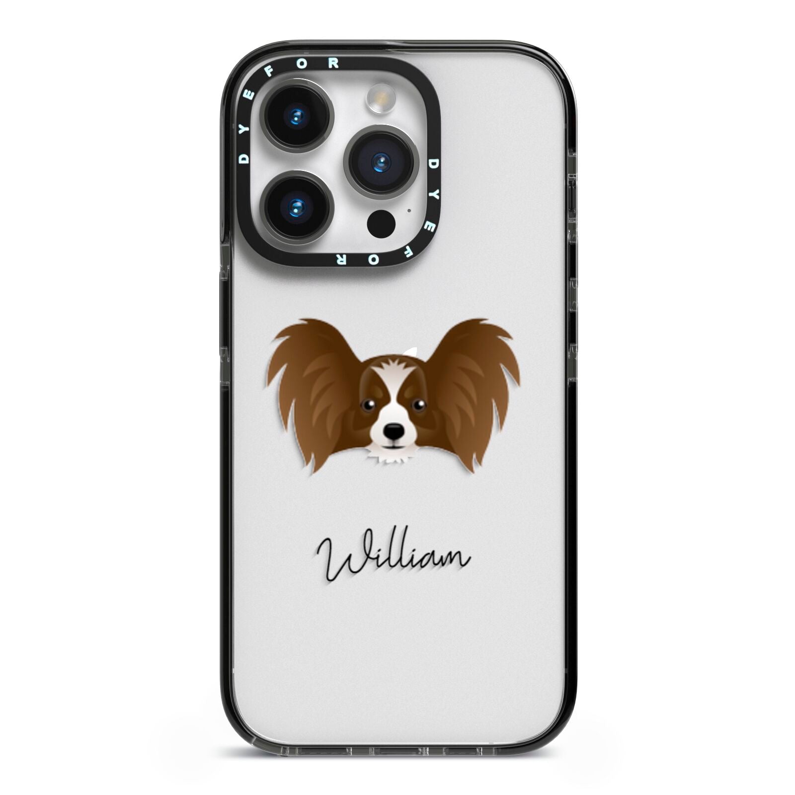 Papillon Personalised iPhone 14 Pro Black Impact Case on Silver phone