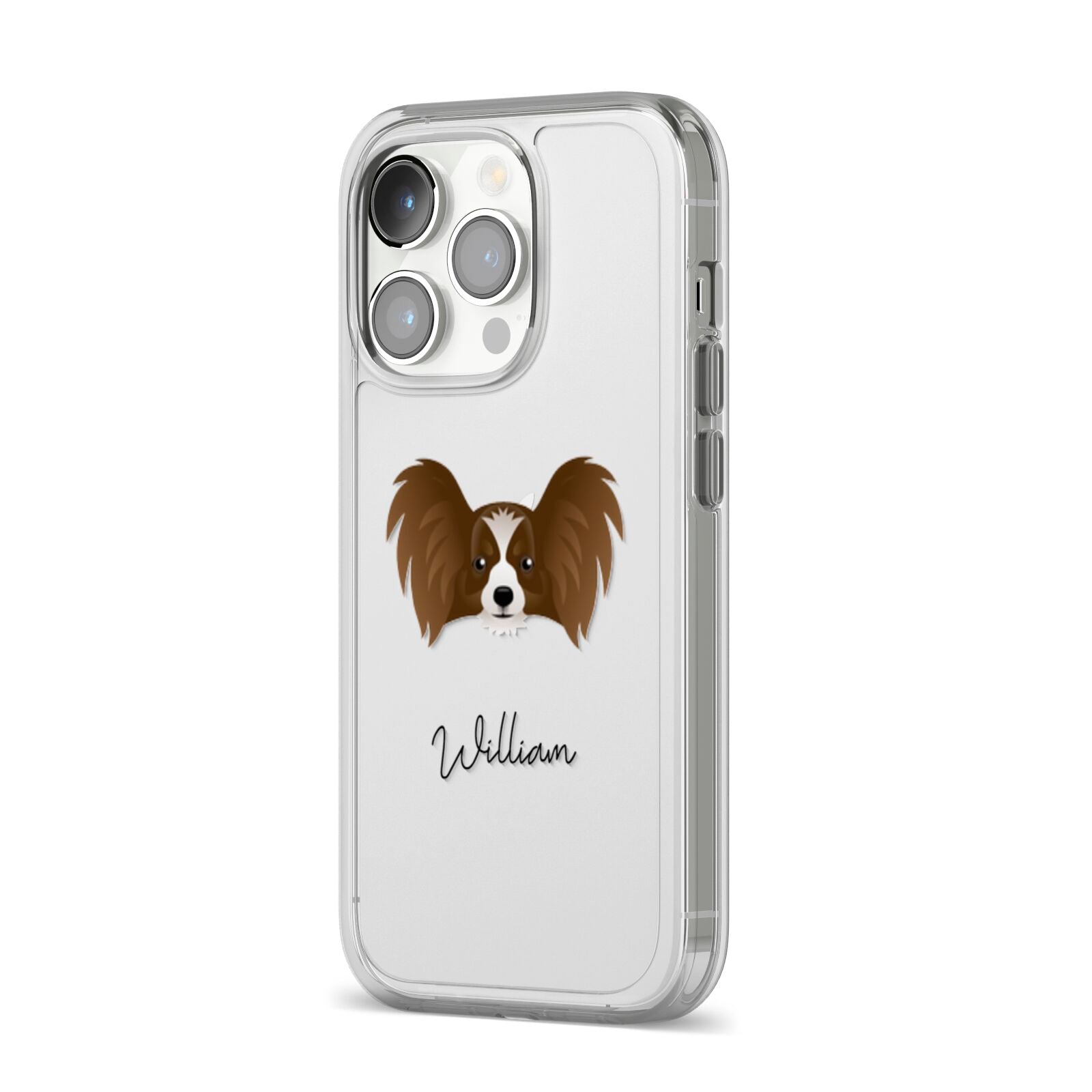 Papillon Personalised iPhone 14 Pro Clear Tough Case Silver Angled Image