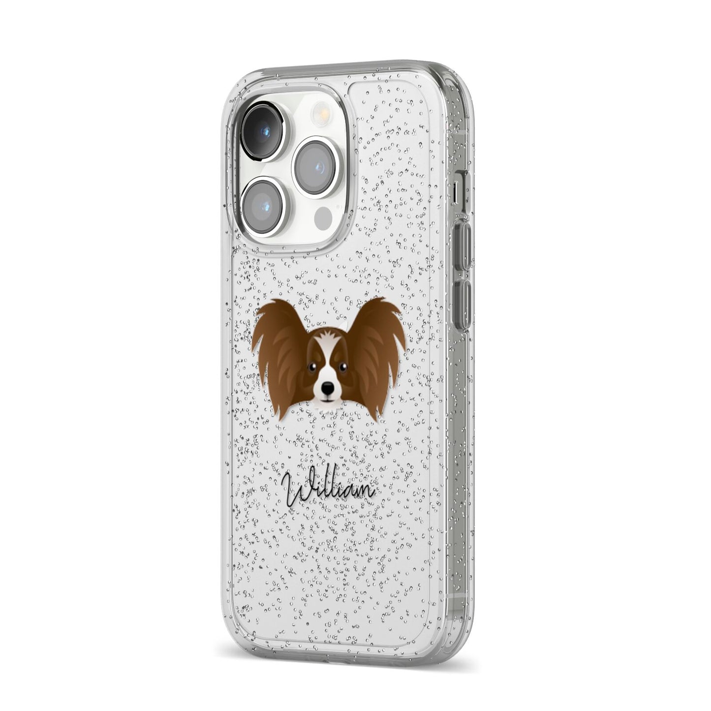 Papillon Personalised iPhone 14 Pro Glitter Tough Case Silver Angled Image