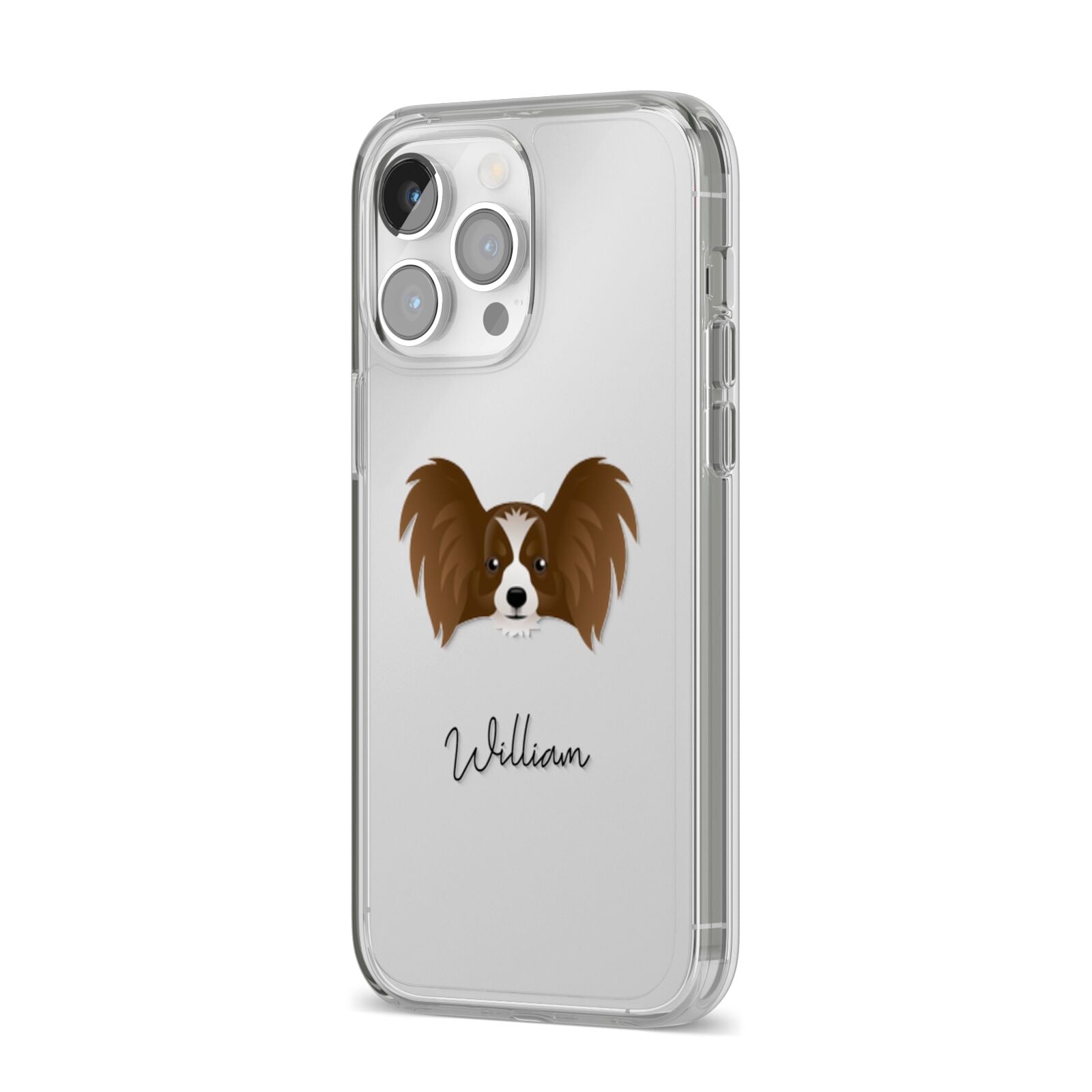 Papillon Personalised iPhone 14 Pro Max Clear Tough Case Silver Angled Image