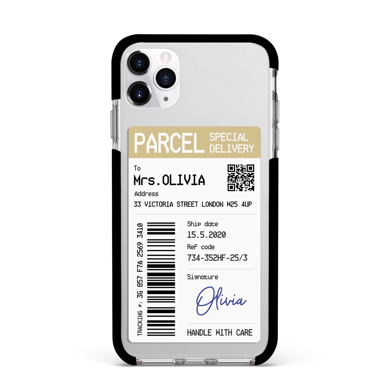 Parcel Label with Name Apple iPhone 11 Pro Max in Silver with Black Impact Case