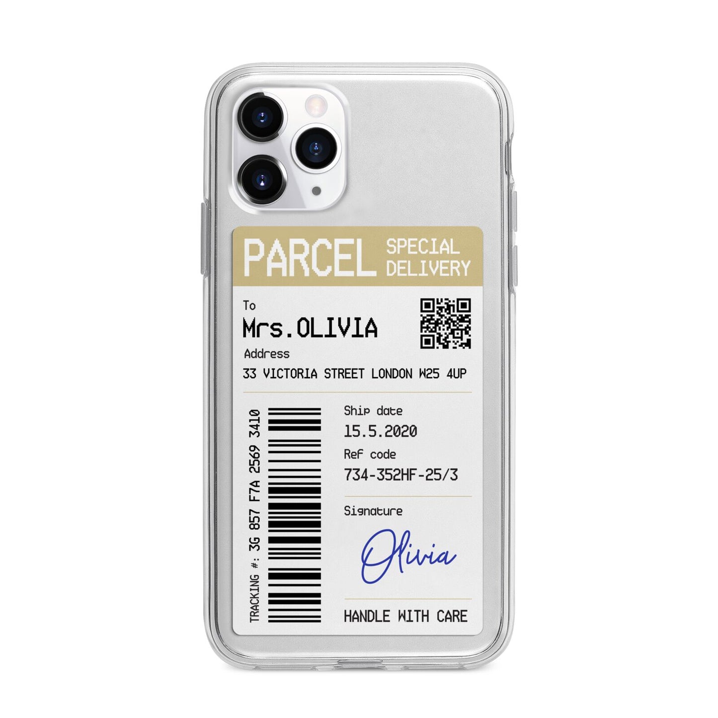 Parcel Label with Name Apple iPhone 11 Pro Max in Silver with Bumper Case