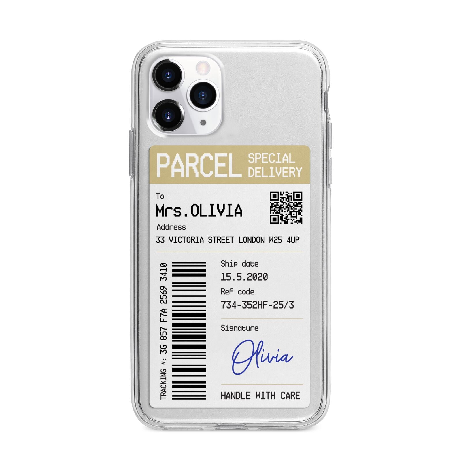 Parcel Label with Name Apple iPhone 11 Pro Max in Silver with Bumper Case