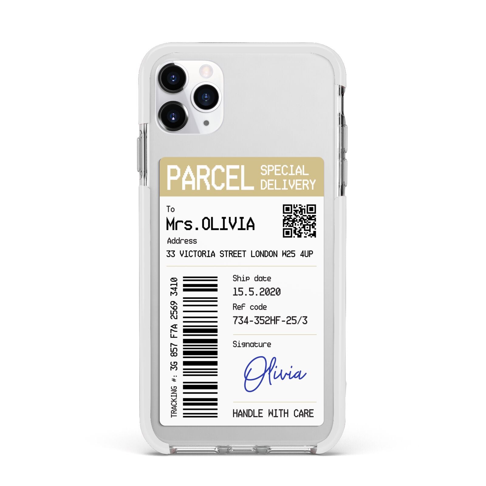 Parcel Label with Name Apple iPhone 11 Pro Max in Silver with White Impact Case