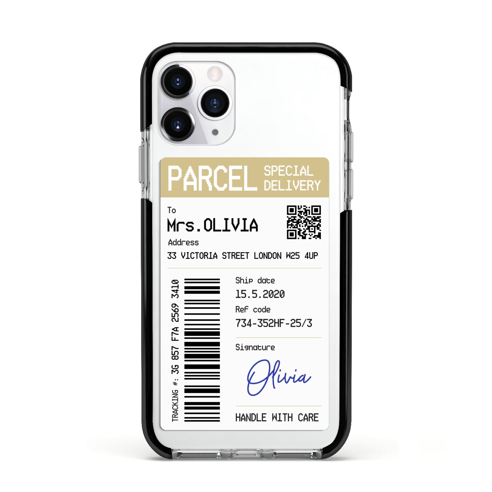 Parcel Label with Name Apple iPhone 11 Pro in Silver with Black Impact Case