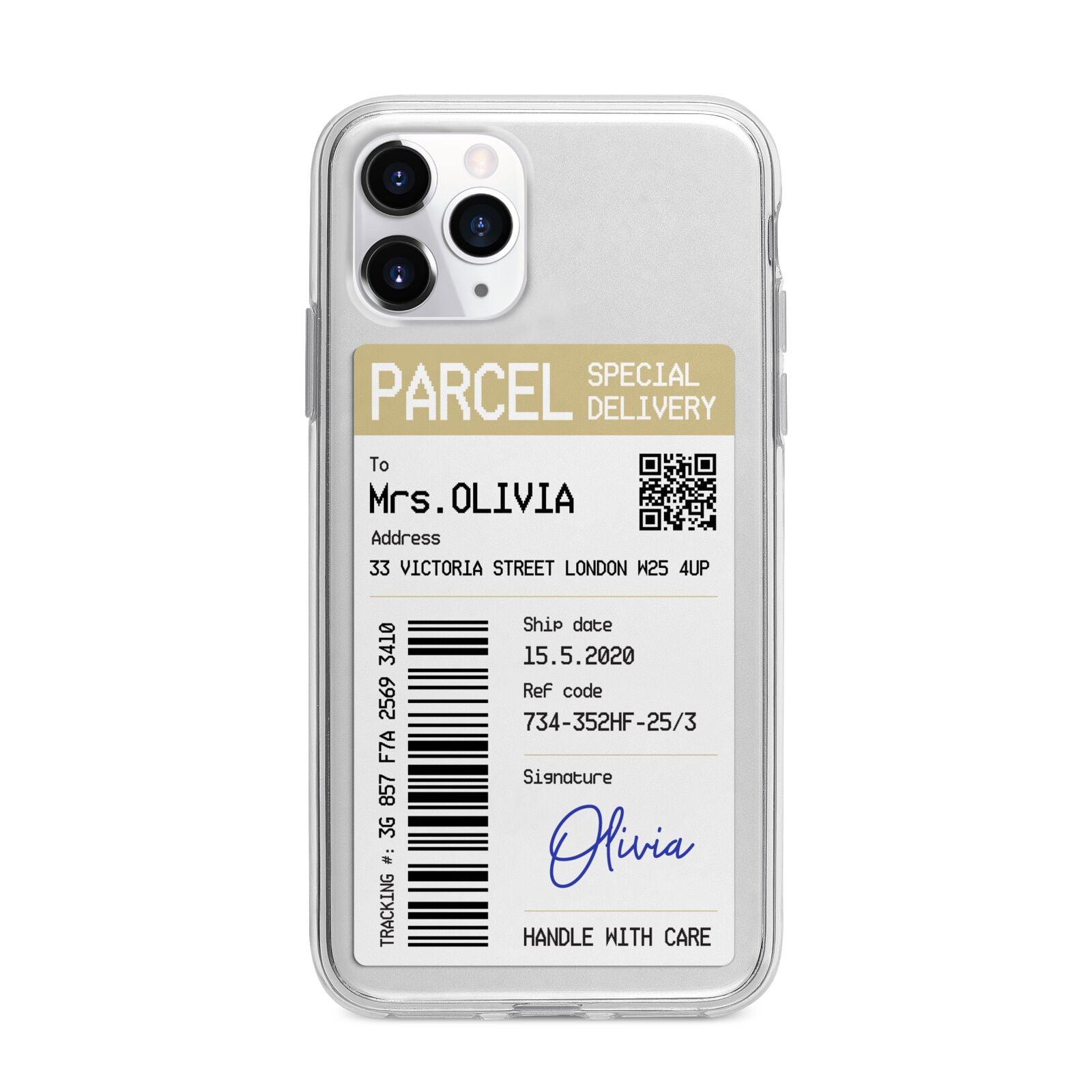 Parcel Label with Name Apple iPhone 11 Pro in Silver with Bumper Case