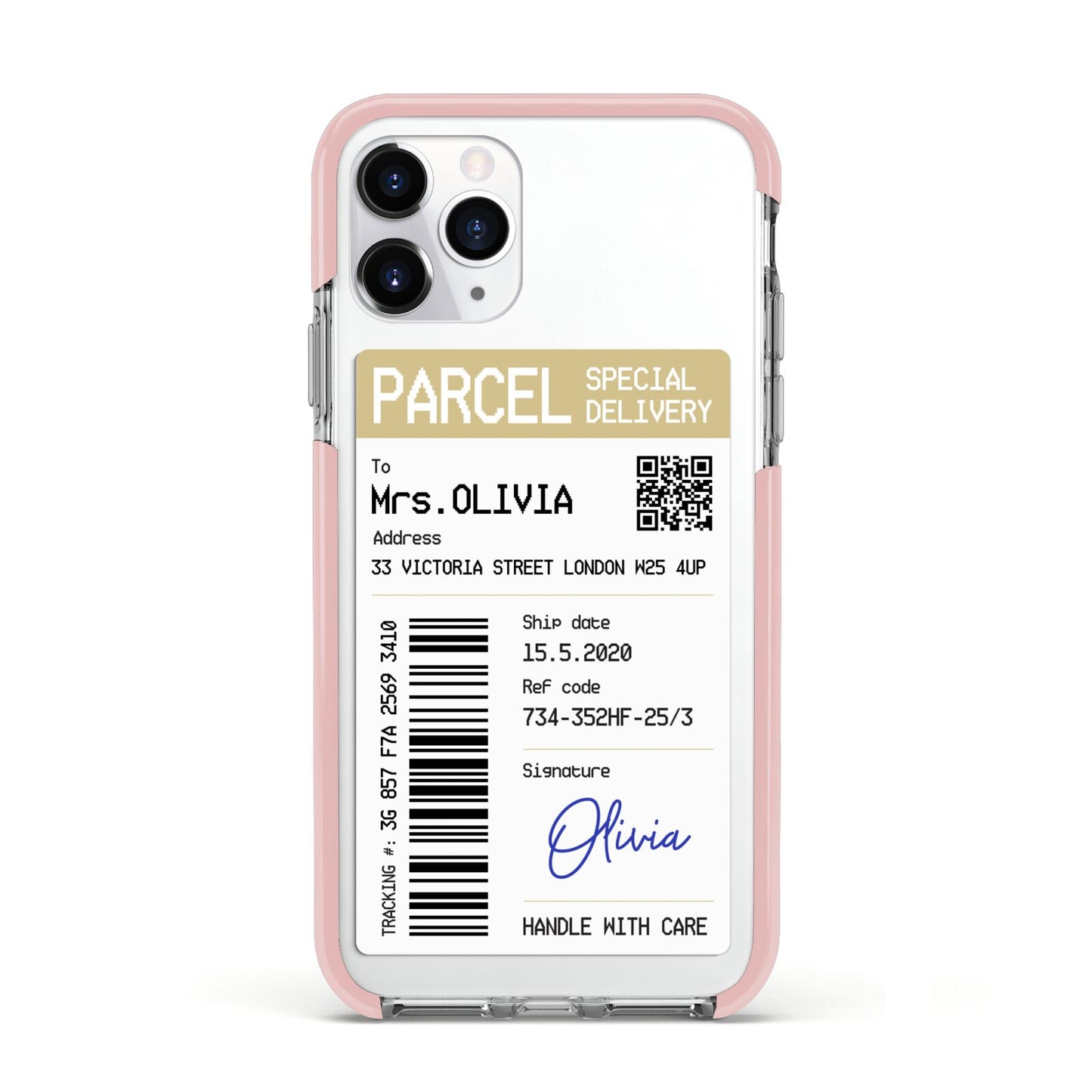 Parcel Label with Name Apple iPhone 11 Pro in Silver with Pink Impact Case