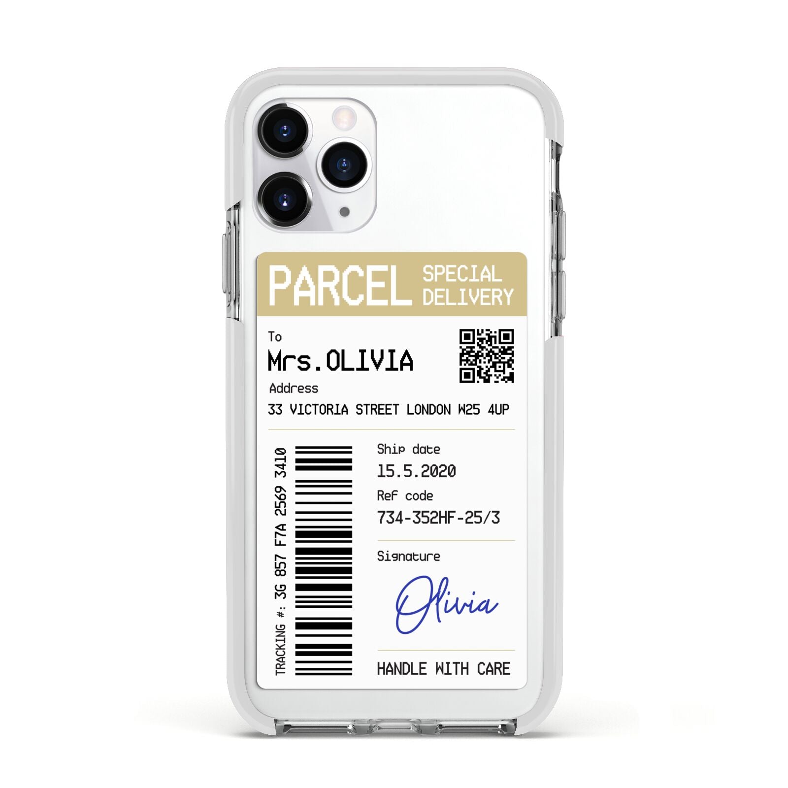 Parcel Label with Name Apple iPhone 11 Pro in Silver with White Impact Case