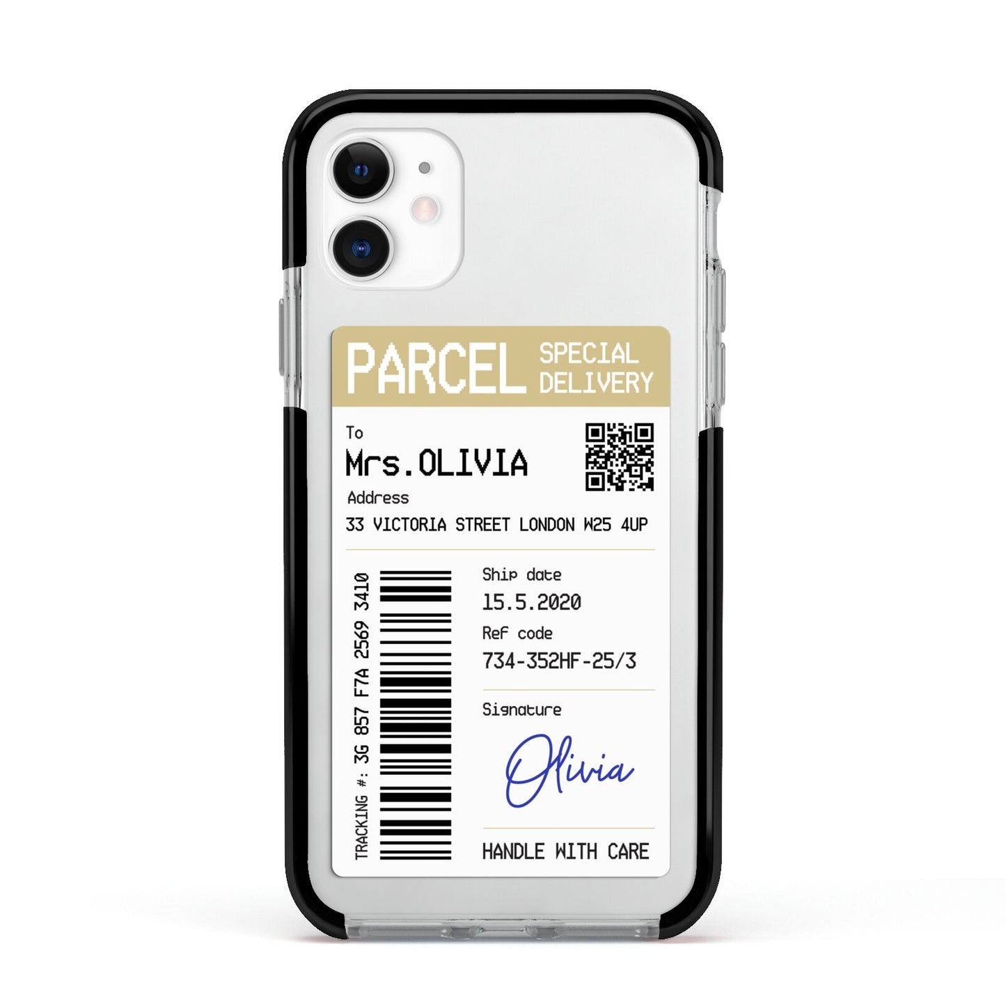 Parcel Label with Name Apple iPhone 11 in White with Black Impact Case