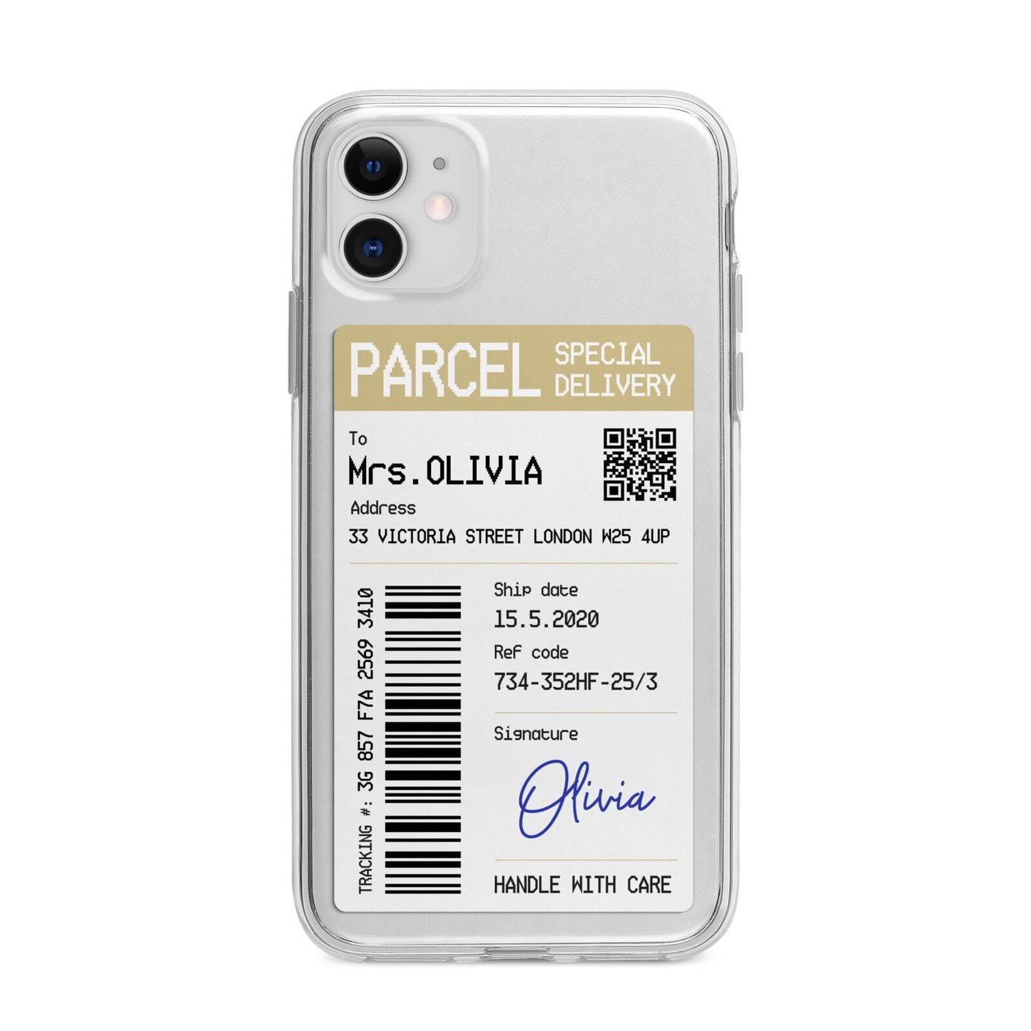 Parcel Label with Name Apple iPhone 11 in White with Bumper Case