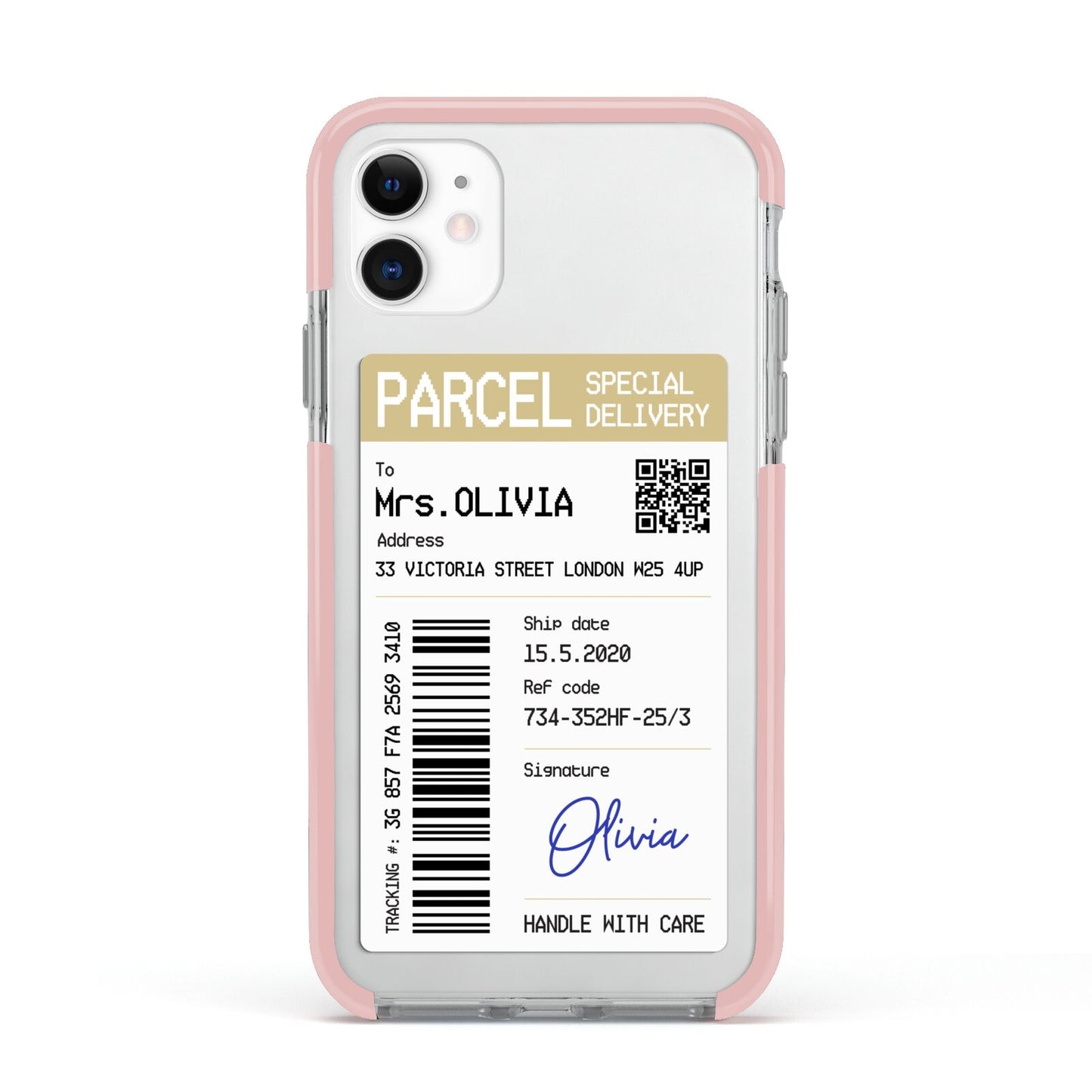 Parcel Label with Name Apple iPhone 11 in White with Pink Impact Case