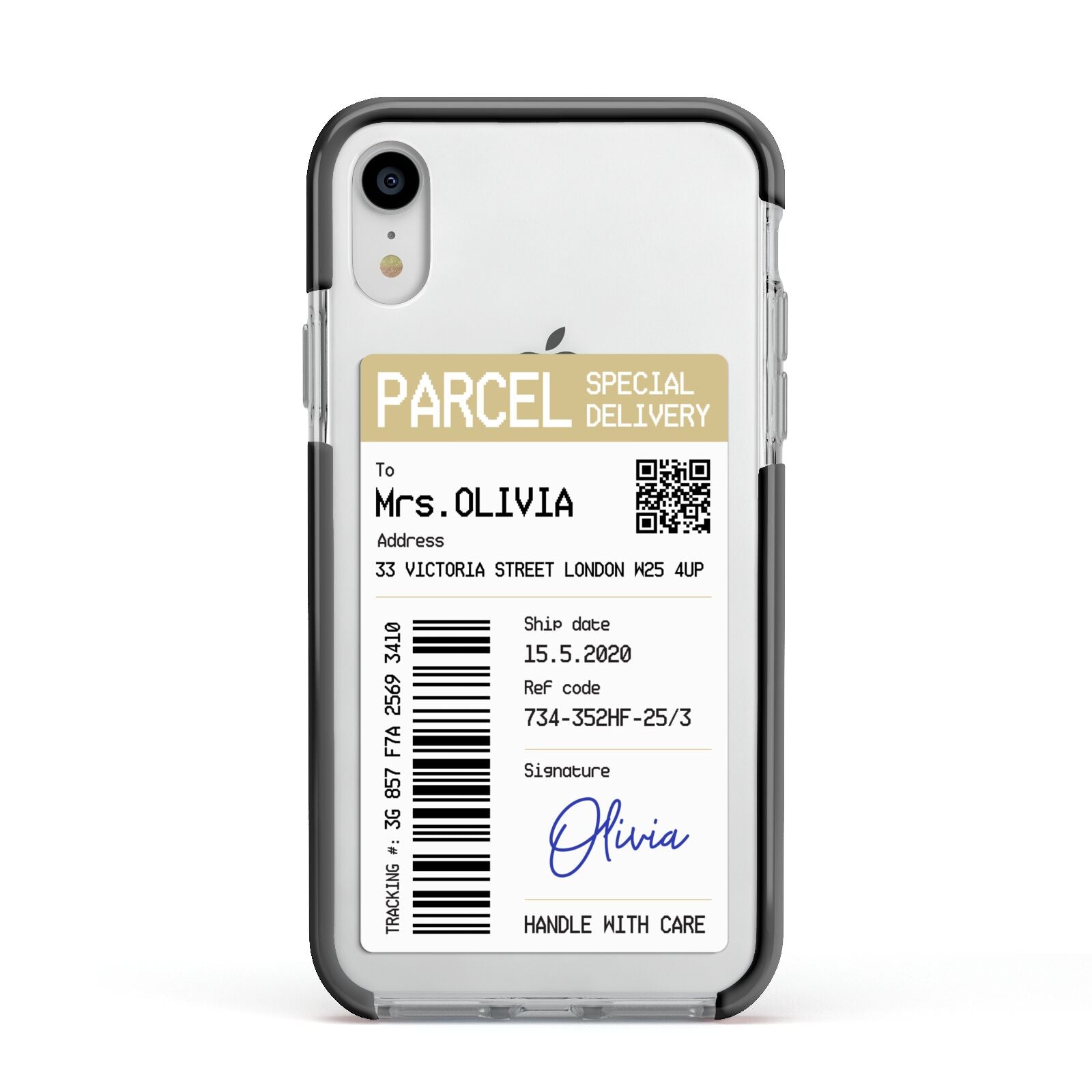 Parcel Label with Name Apple iPhone XR Impact Case Black Edge on Silver Phone