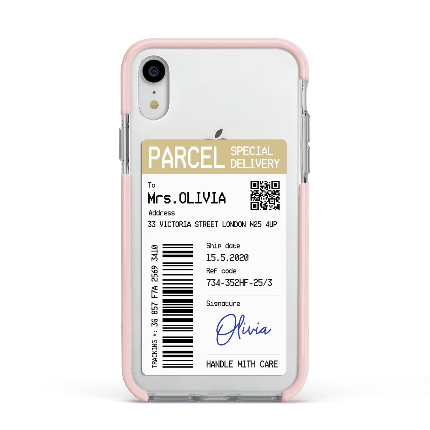 Parcel Label with Name Apple iPhone XR Impact Case Pink Edge on Silver Phone