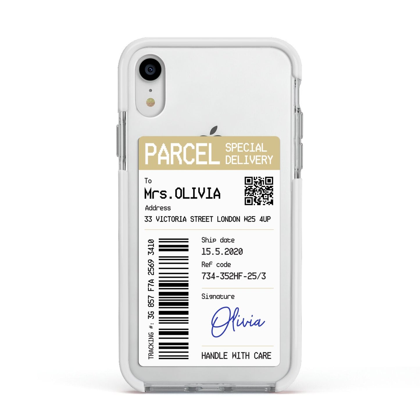 Parcel Label with Name Apple iPhone XR Impact Case White Edge on Silver Phone