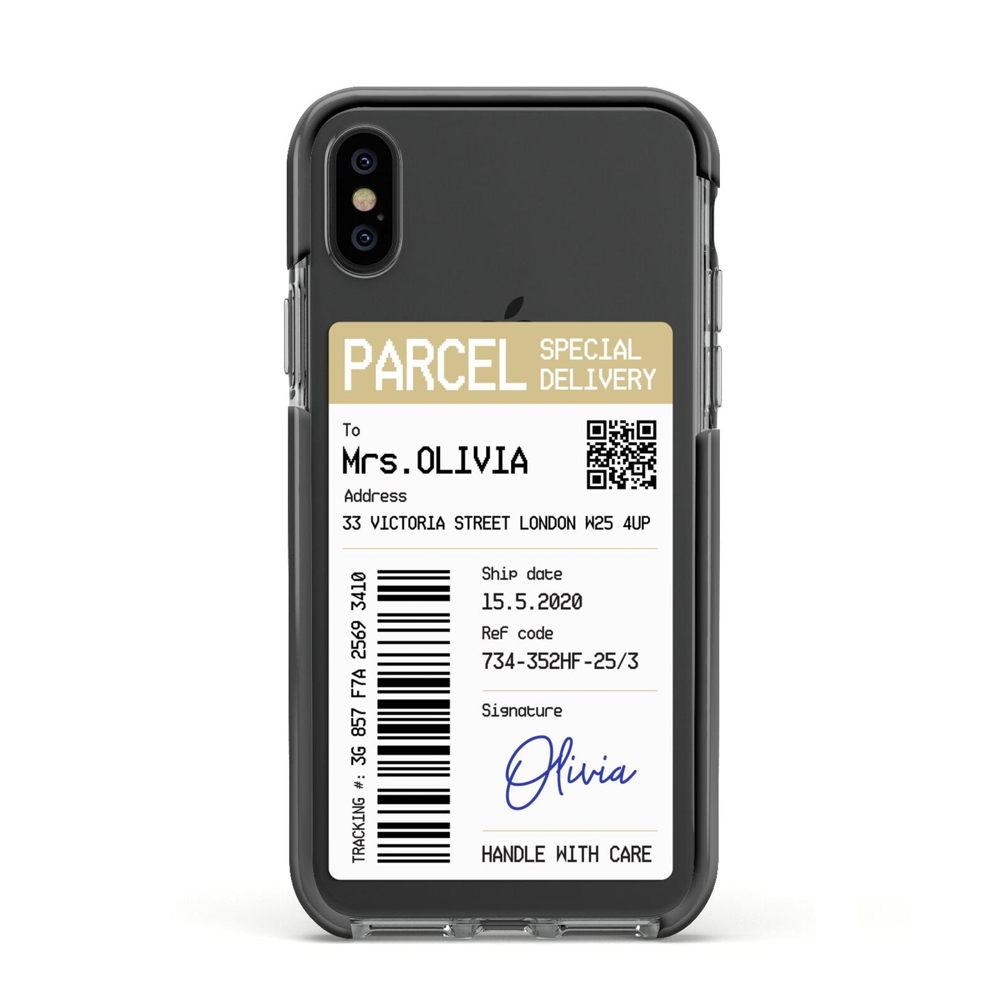 Parcel Label with Name Apple iPhone Xs Impact Case Black Edge on Black Phone