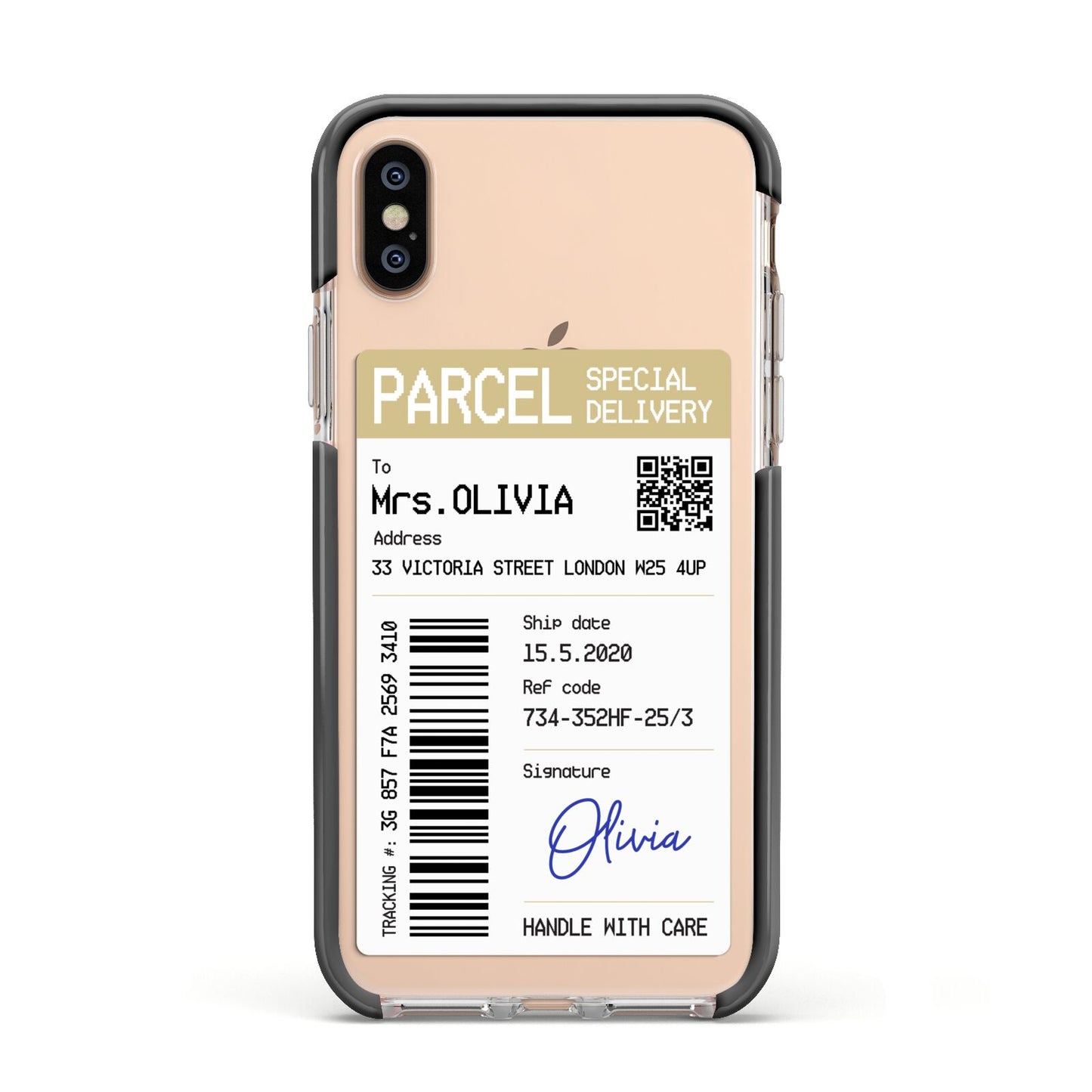 Parcel Label with Name Apple iPhone Xs Impact Case Black Edge on Gold Phone