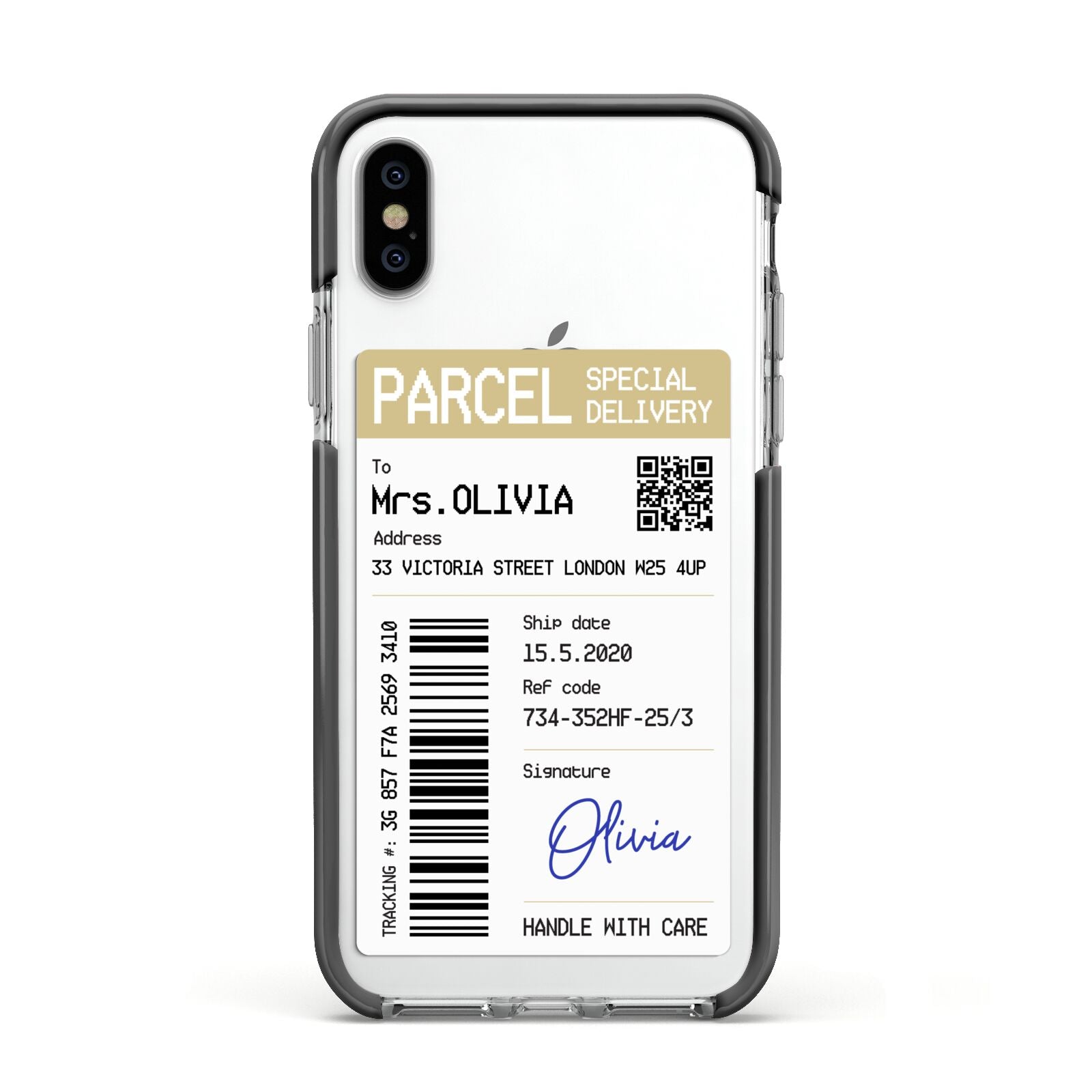 Parcel Label with Name Apple iPhone Xs Impact Case Black Edge on Silver Phone