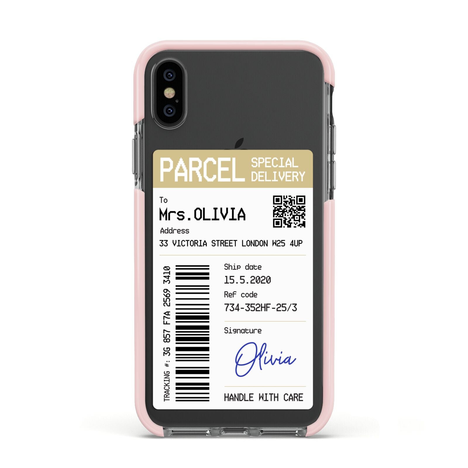 Parcel Label with Name Apple iPhone Xs Impact Case Pink Edge on Black Phone