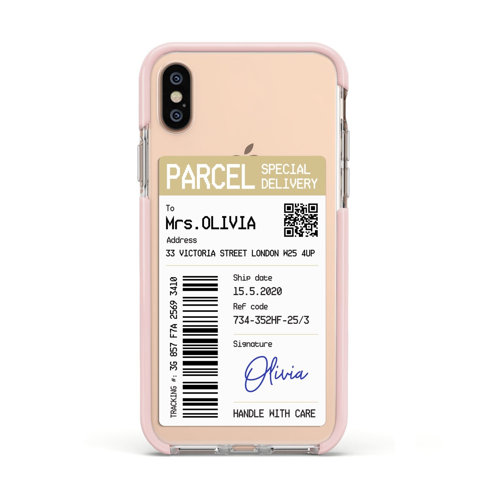 Parcel Label with Name Apple iPhone Xs Impact Case Pink Edge on Gold Phone