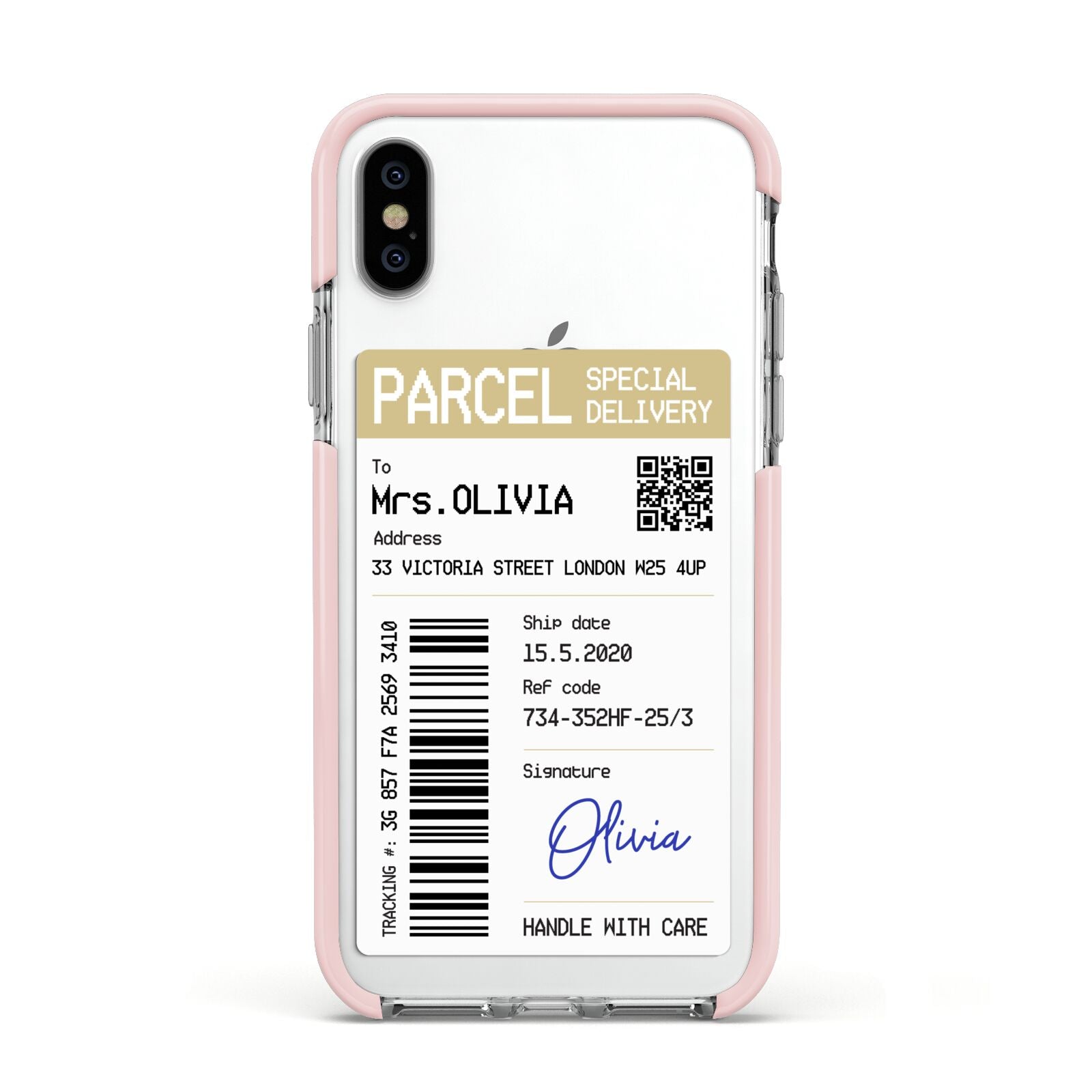 Parcel Label with Name Apple iPhone Xs Impact Case Pink Edge on Silver Phone