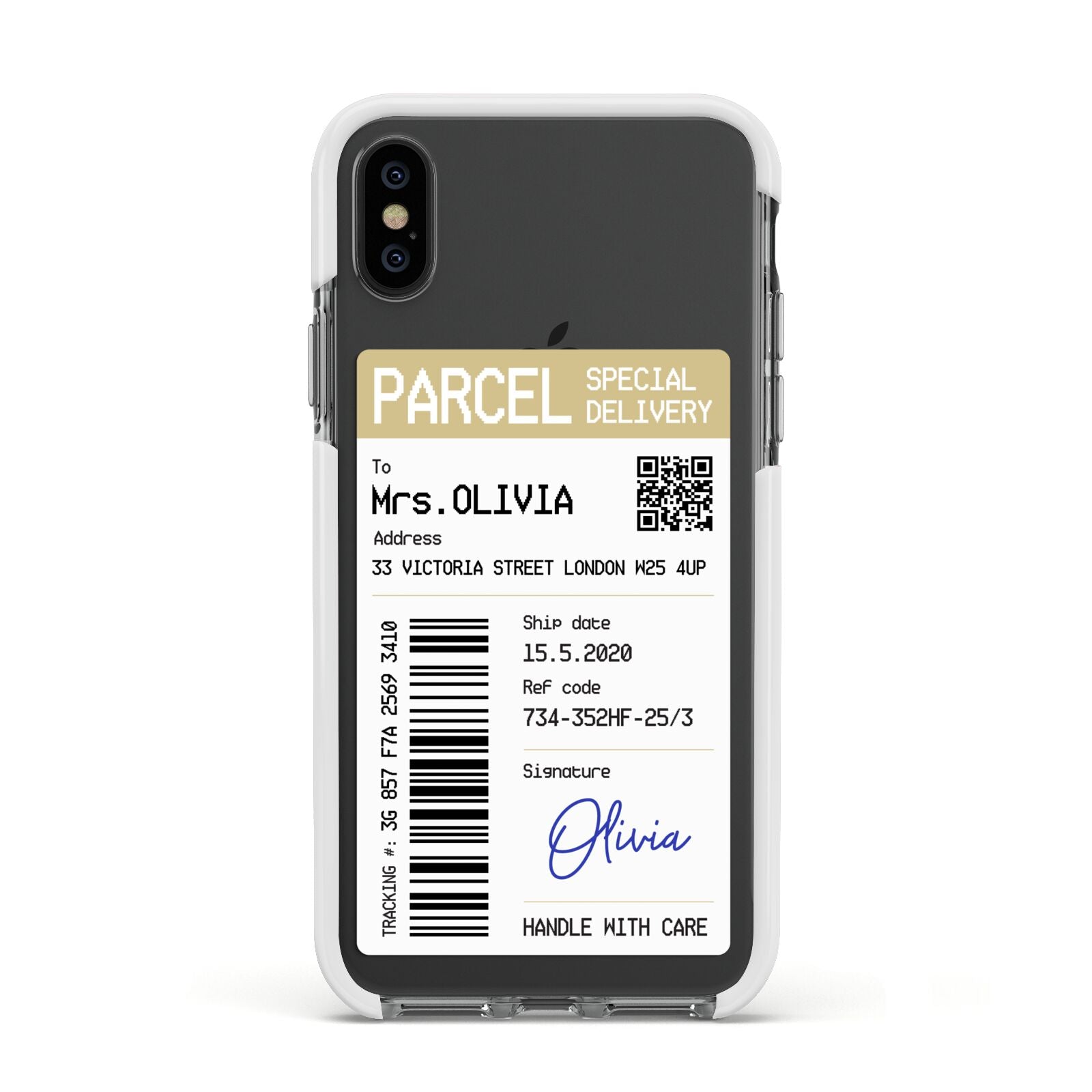 Parcel Label with Name Apple iPhone Xs Impact Case White Edge on Black Phone