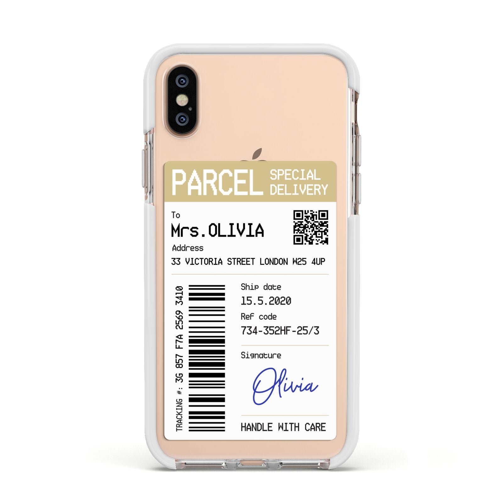 Parcel Label with Name Apple iPhone Xs Impact Case White Edge on Gold Phone