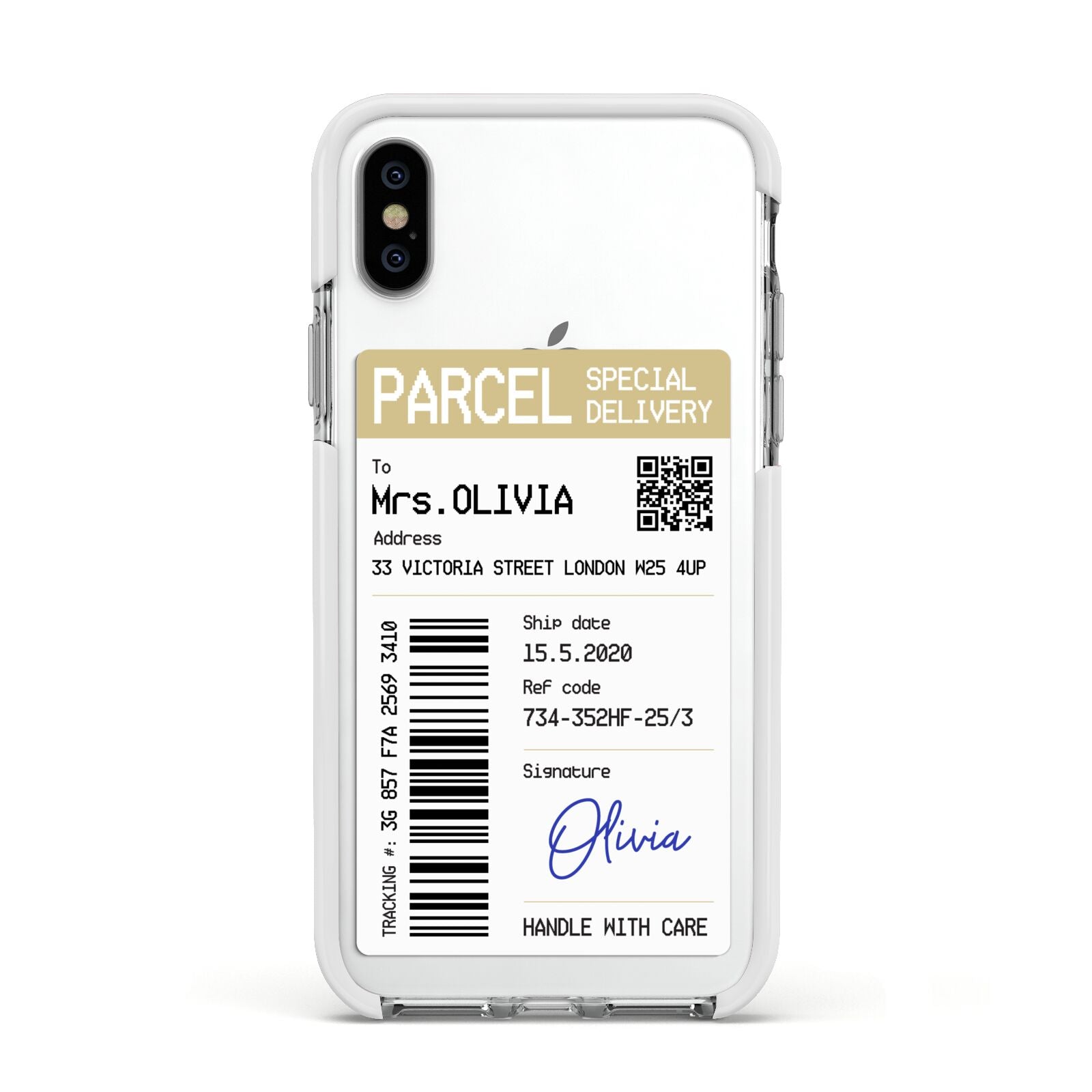 Parcel Label with Name Apple iPhone Xs Impact Case White Edge on Silver Phone