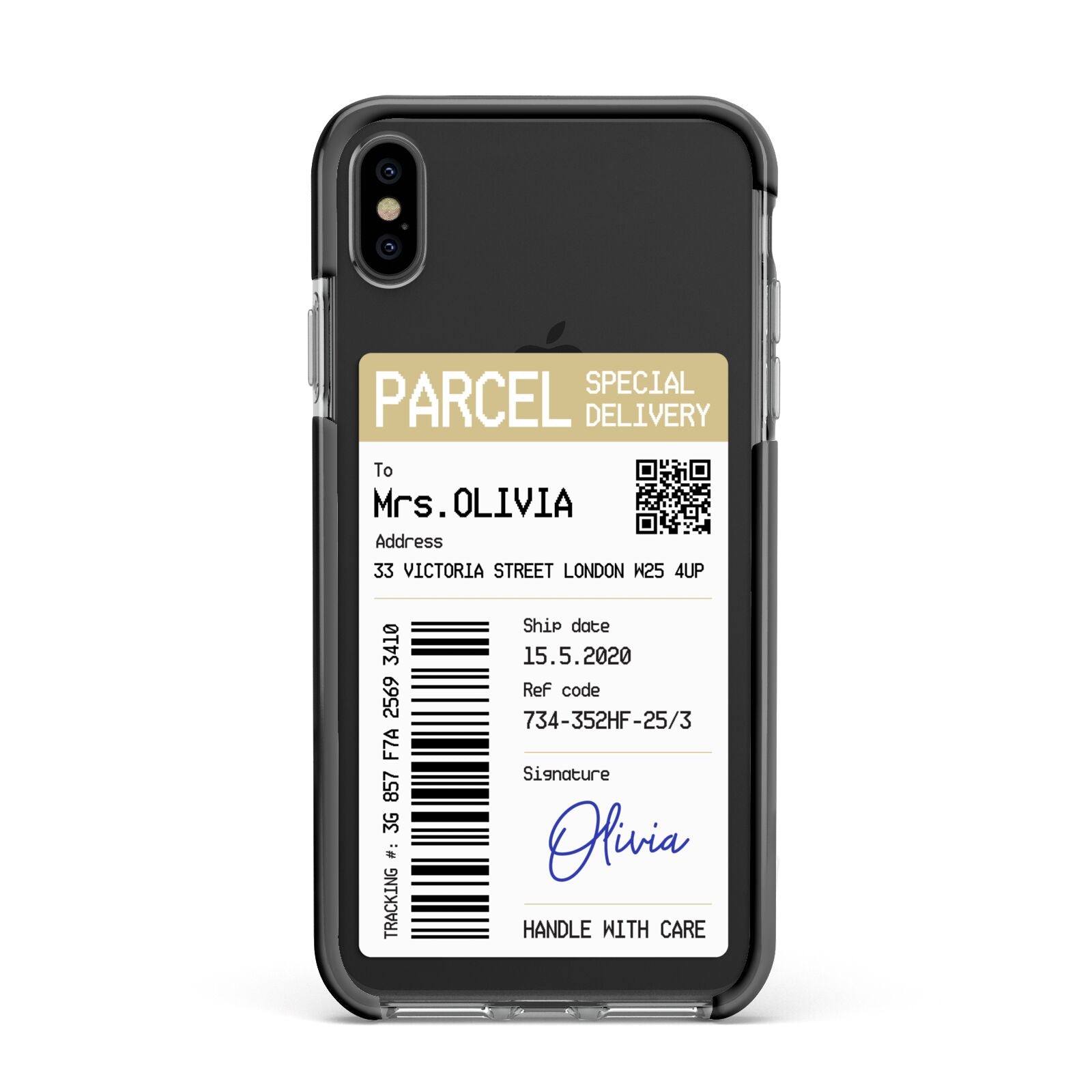 Parcel Label with Name Apple iPhone Xs Max Impact Case Black Edge on Black Phone