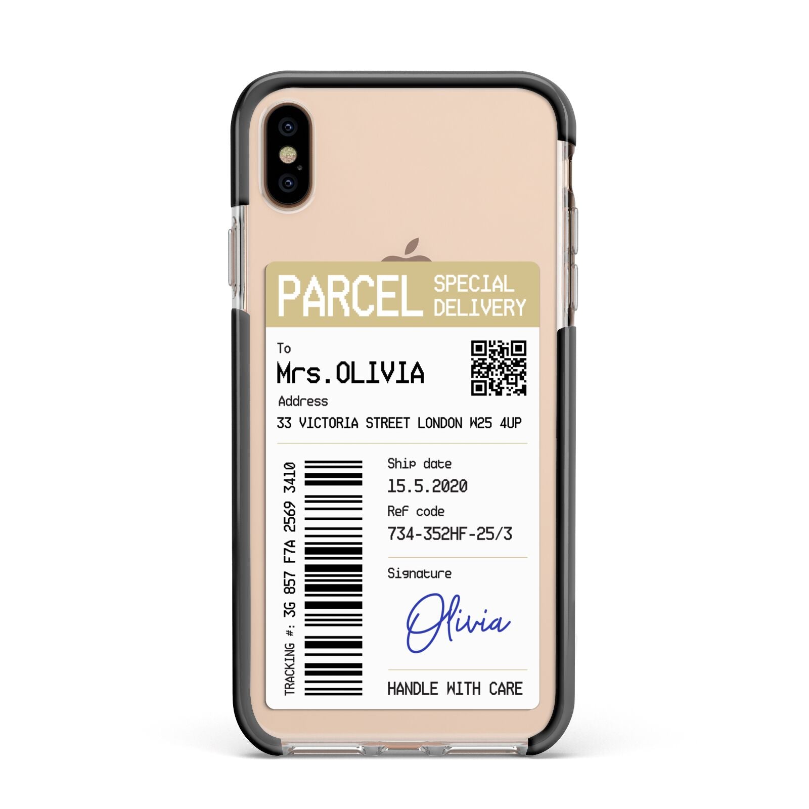 Parcel Label with Name Apple iPhone Xs Max Impact Case Black Edge on Gold Phone