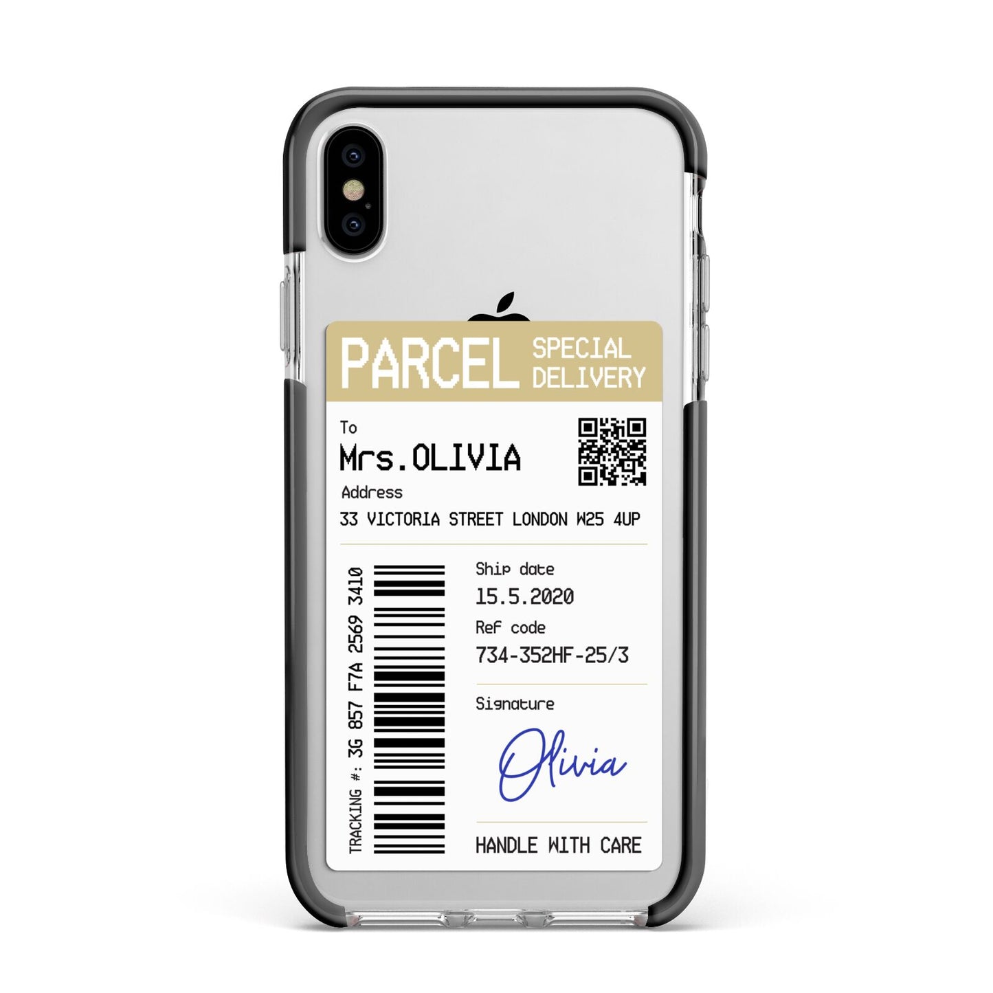 Parcel Label with Name Apple iPhone Xs Max Impact Case Black Edge on Silver Phone