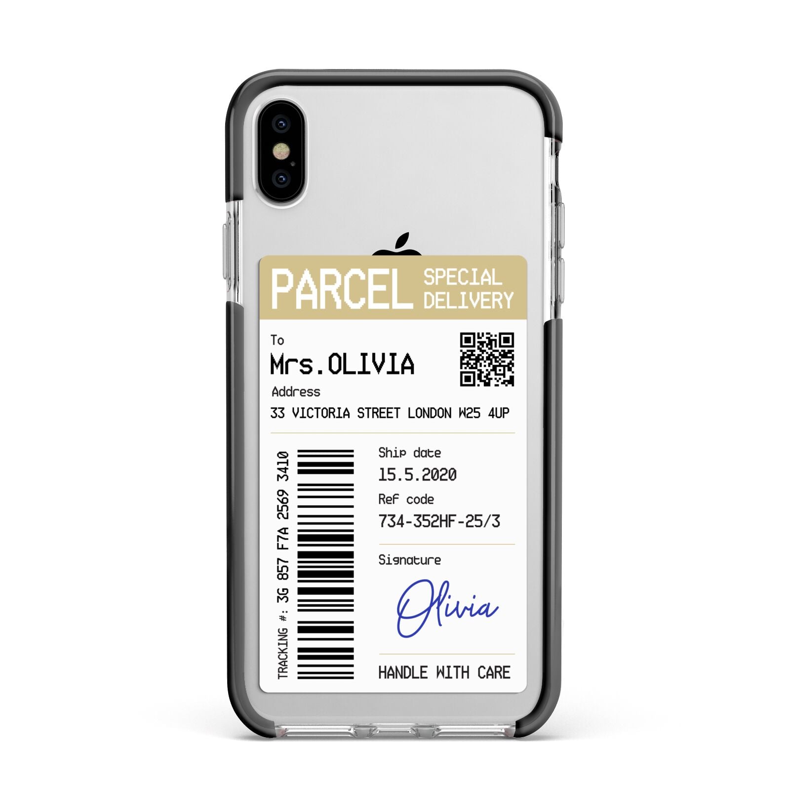 Parcel Label with Name Apple iPhone Xs Max Impact Case Black Edge on Silver Phone