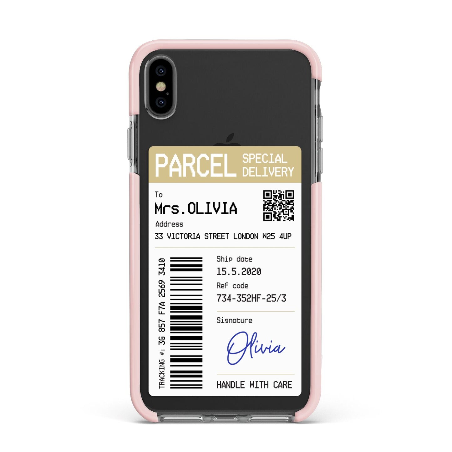 Parcel Label with Name Apple iPhone Xs Max Impact Case Pink Edge on Black Phone