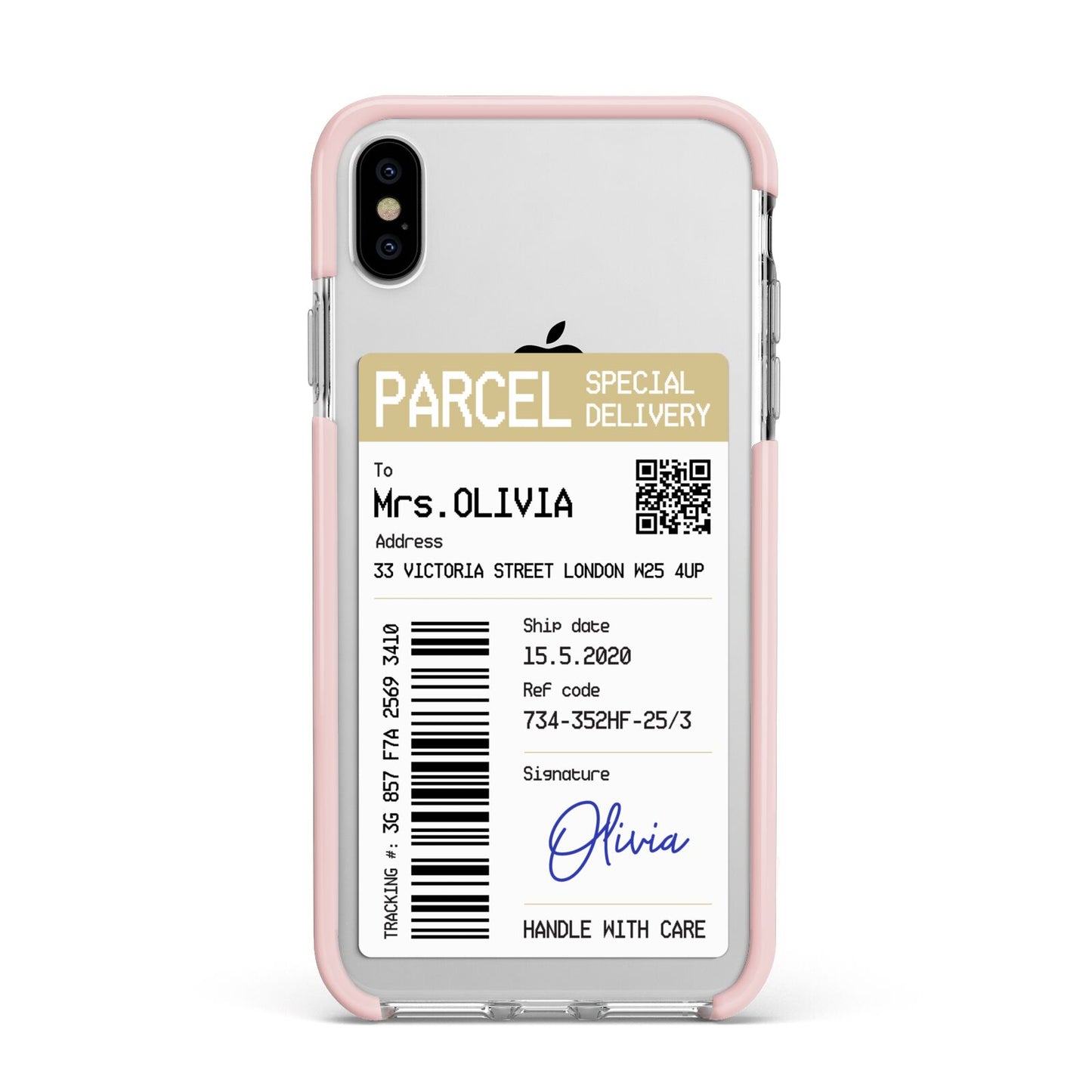 Parcel Label with Name Apple iPhone Xs Max Impact Case Pink Edge on Silver Phone