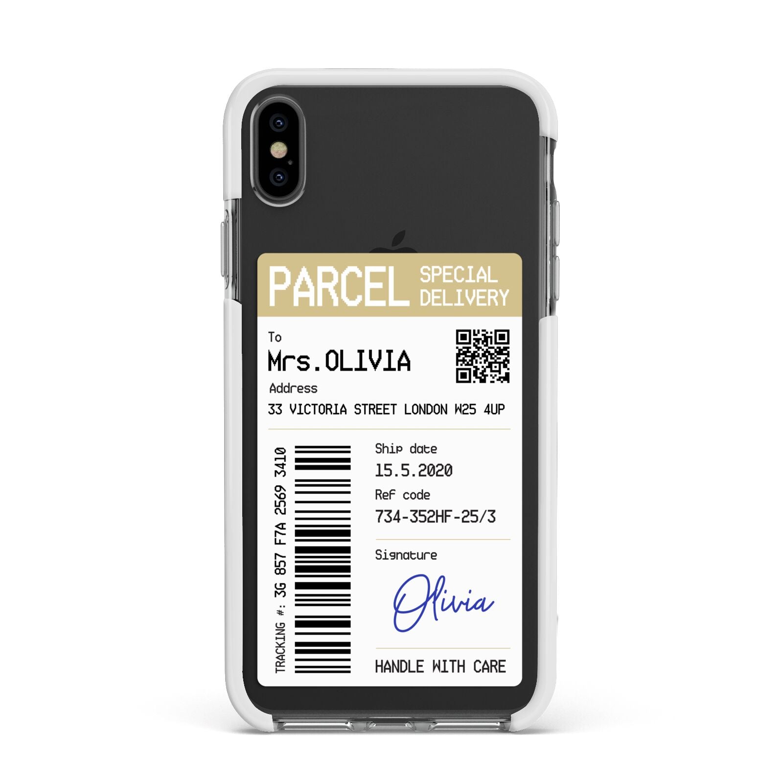 Parcel Label with Name Apple iPhone Xs Max Impact Case White Edge on Black Phone